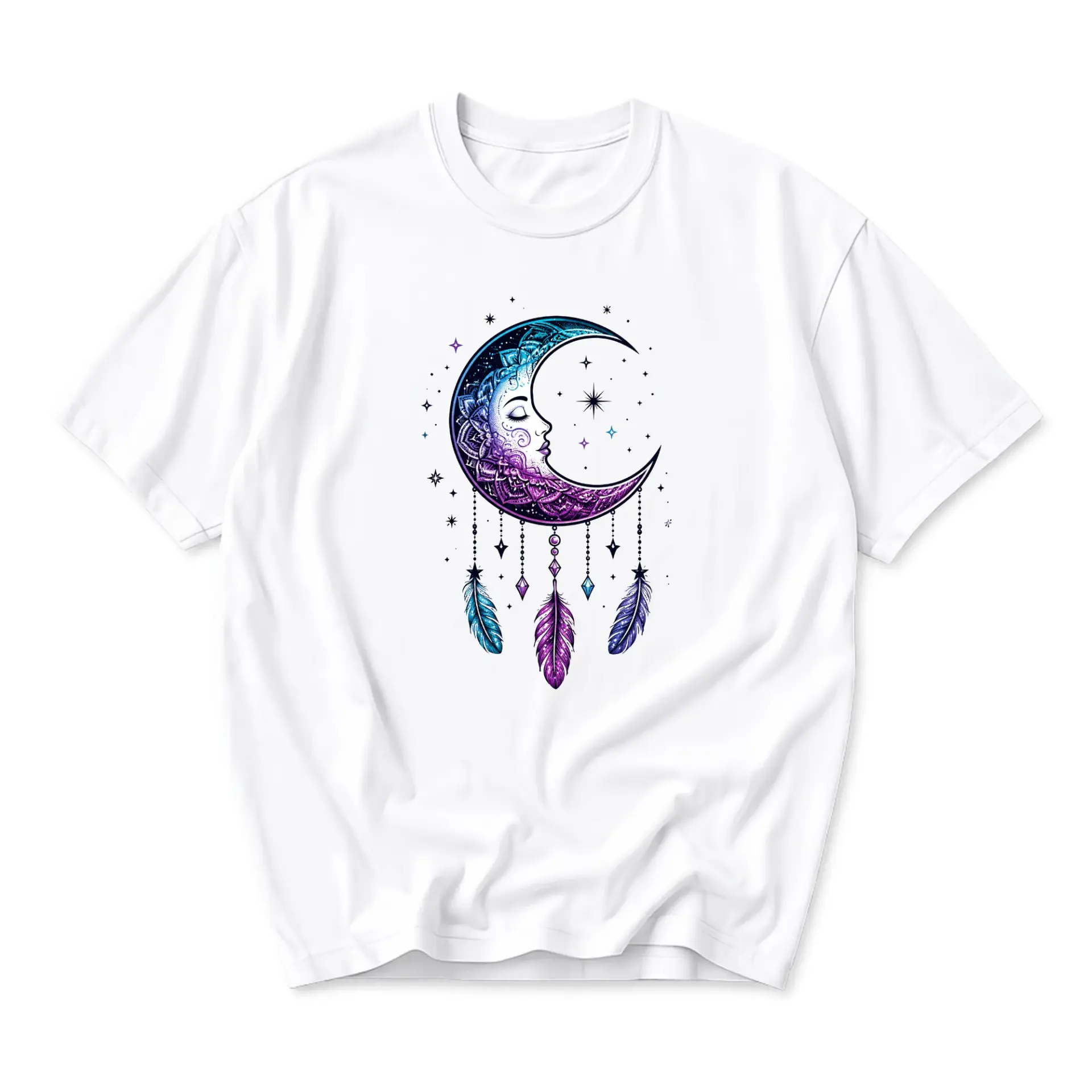 Graphic Tee Moon Dreamcatcher Celestial Art Print T-Shirt Featuring Bohemian Style Artistic Illustration on White Cotton