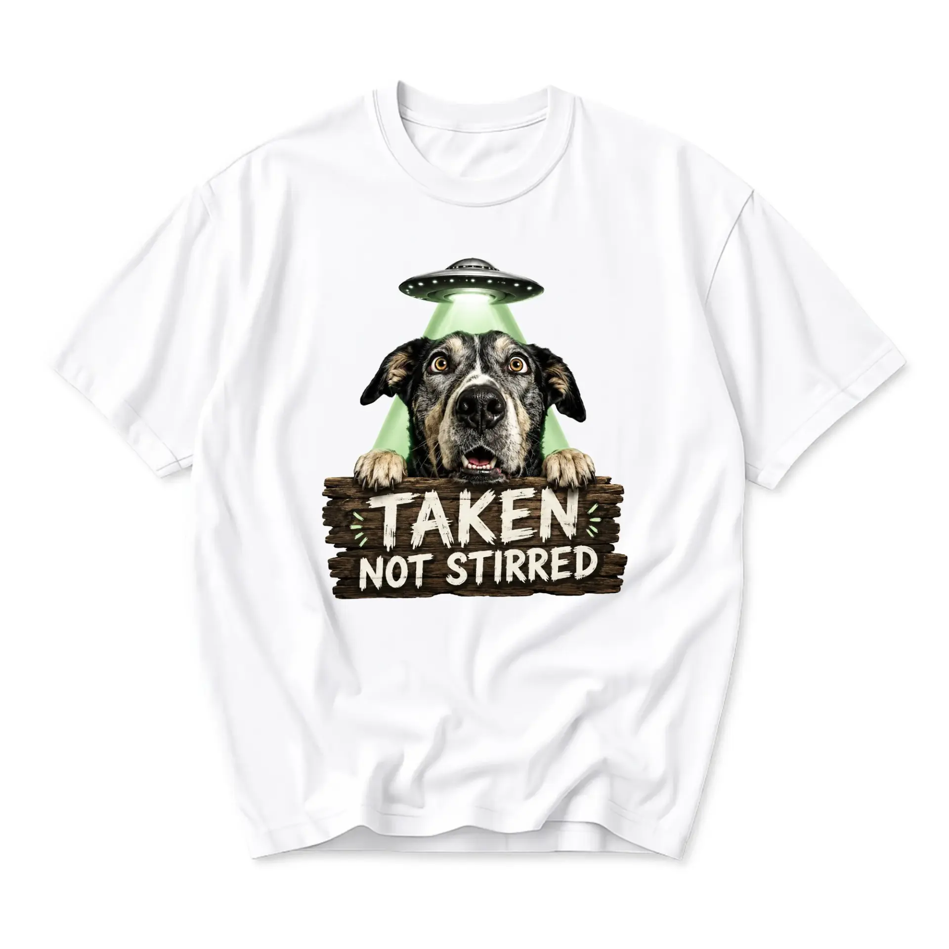 Funny Shirt Taken Not Stirred Graphic Tee Featuring Space Alien Ufo Abduction Concept with a Cute Dog Breed Portrait