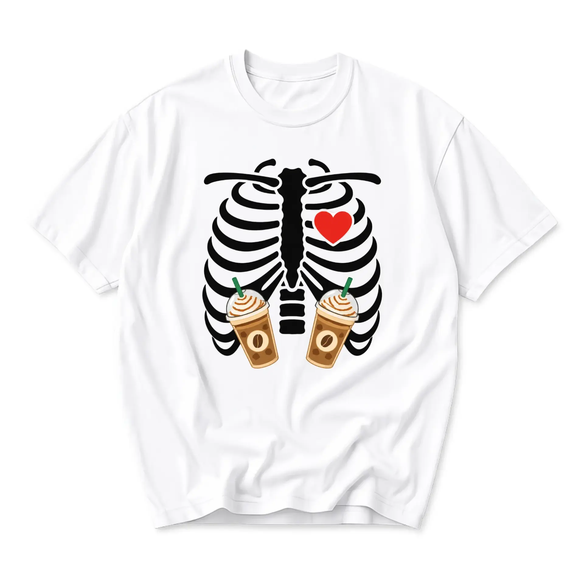 Graphic Tee Unisex Casual Shirt Skeleton Rib Cage Heart and Iced Coffee Illustration Print White Crew Neck Top
