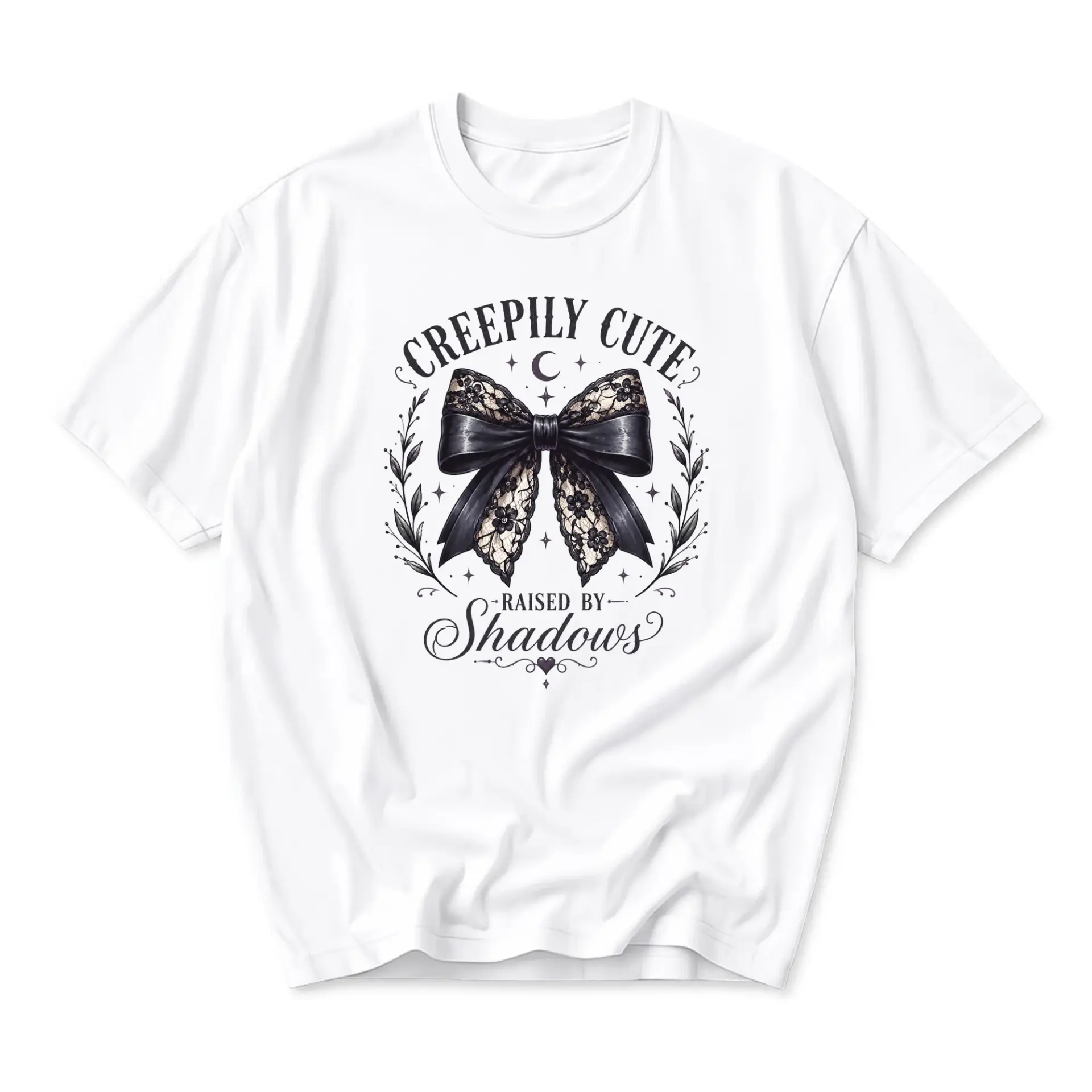 Graphic Tee Creepily Cute Raised by Shadows Gothic Bow Unisex Crew Neck Casual Shirt for Everyday Style and Comfort