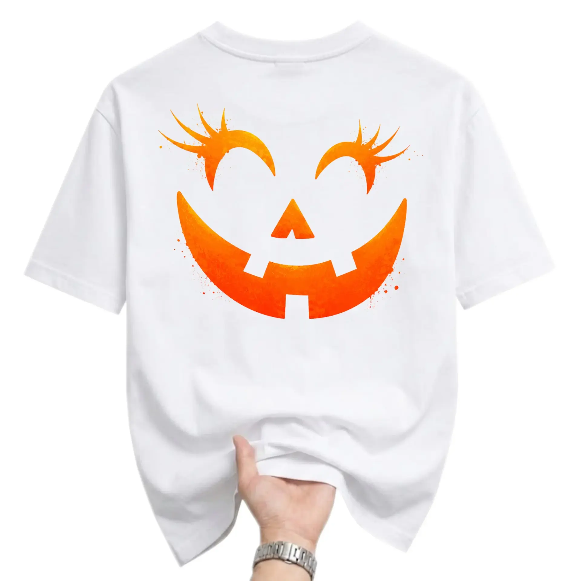 Graphic Tee Unisex Crew Neck Short Sleeve Shirt Featuring Artistic Orange Jack O Lantern Face Print for Casual Wear