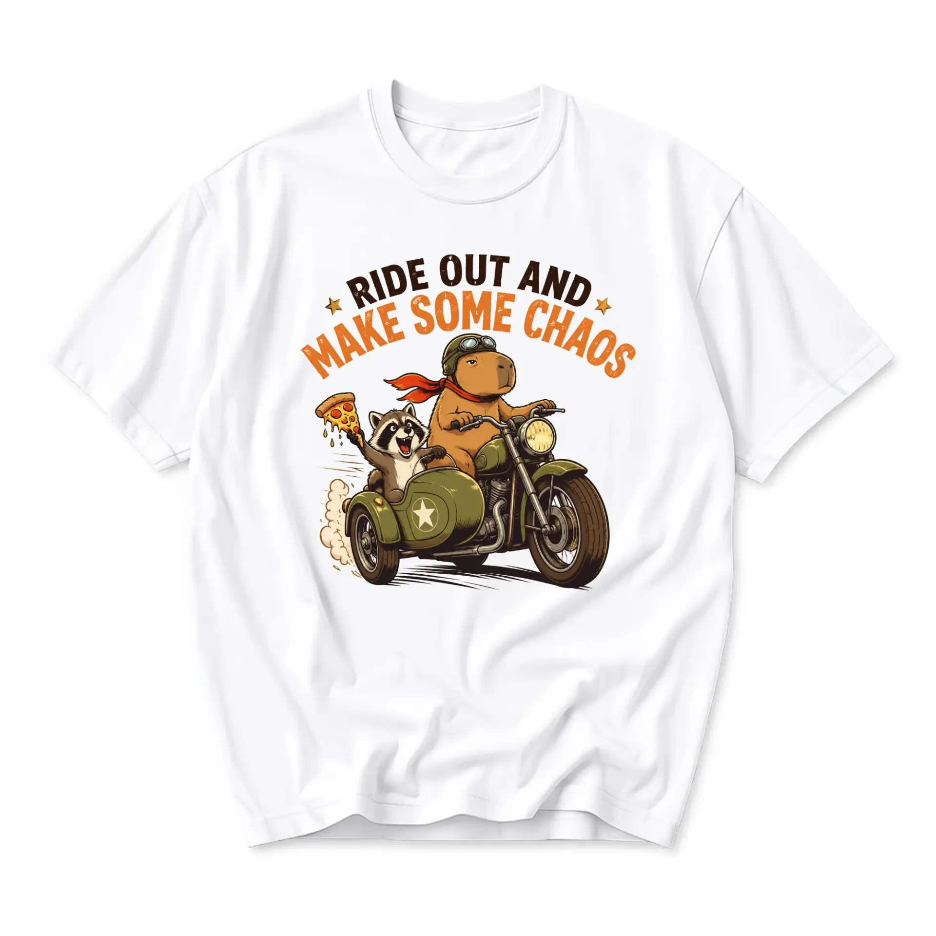 Funny Shirt Ride Out and Make Some Chaos Capybara and Raccoon Graphic Tee Unisex Cotton Crew Neck Casual Summer Top