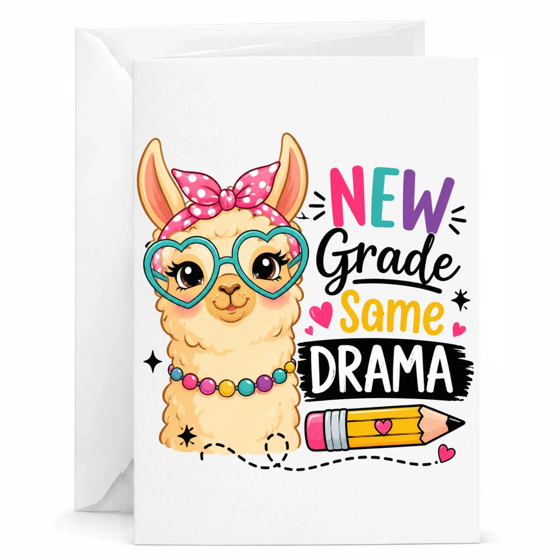 Funny Llama Greeting Card with Envelope Cute Cartoon Alpaca Illustration Heart Glasses and Pencil 5x7 Folded