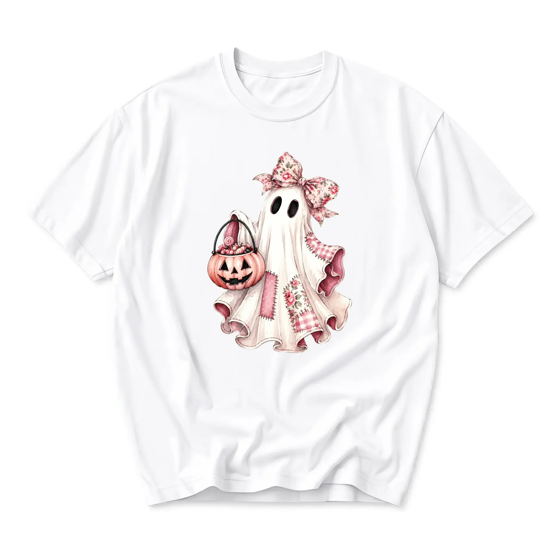 T-shirt Ghost with Pink Floral Bow and Pumpkin Bucket Graphic Tee Unisex Crew Neck Seasonal Casual Apparel Top
