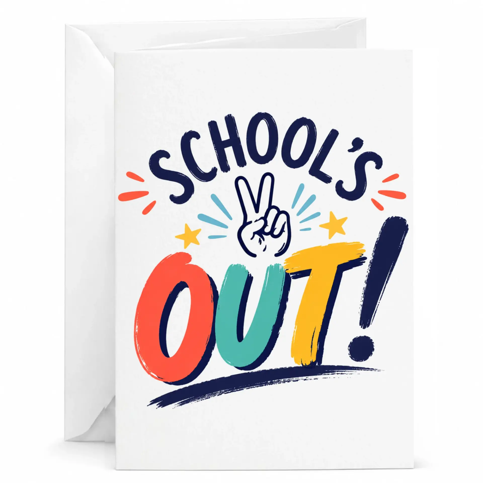 Greeting Card School's Out Hand Sign Design Fun Colorful Illustration for Summer Celebrations and Congratulations