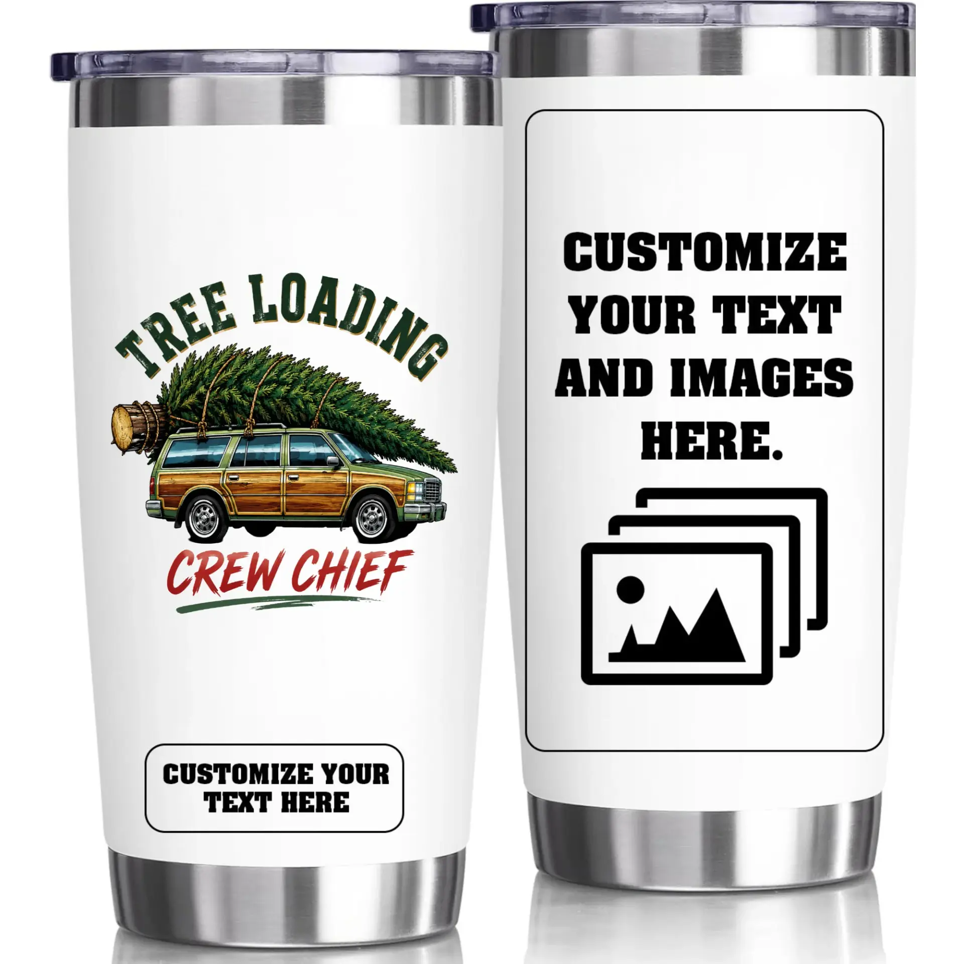 Stainless Steel Tumbler 20oz Holiday Travel Mug Tree Loading Wood Panel Station Wagon Print Insulated Beverage Cup