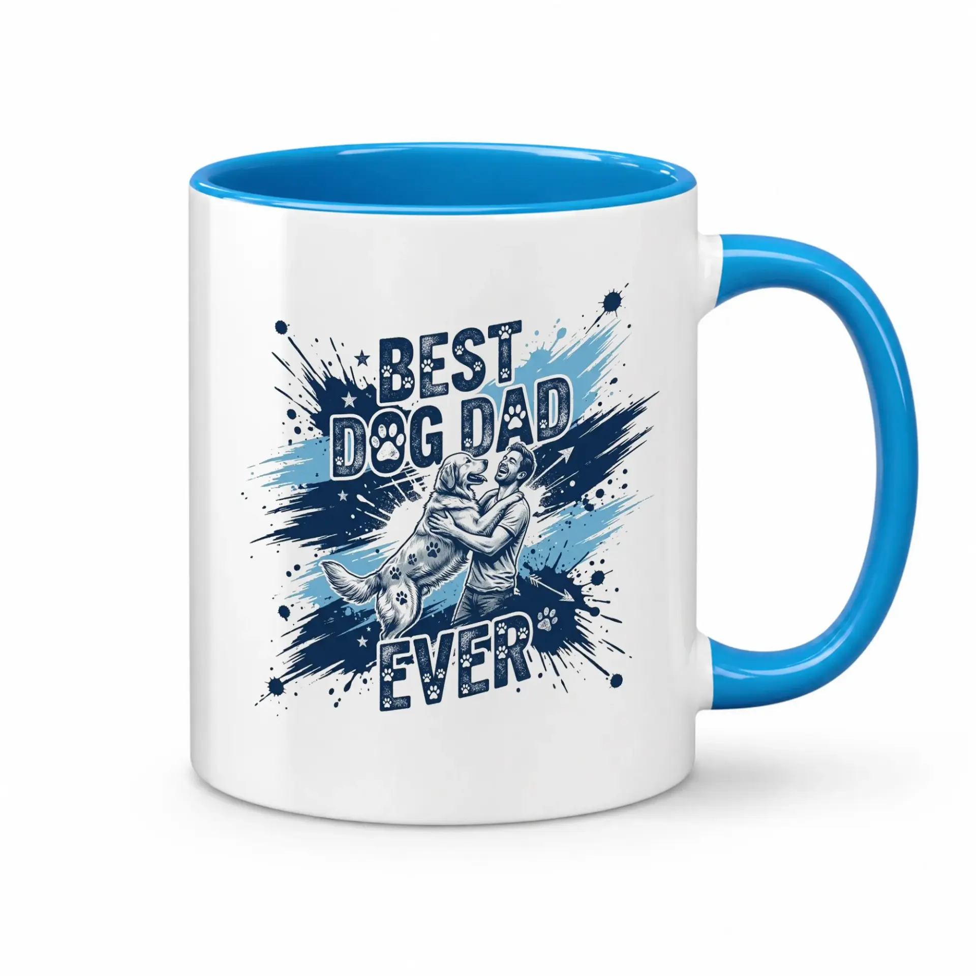 Best Dog Dad Ever Ceramic Coffee Mug with Blue Handle and Rim Design for Pet Owners Lovers Morning Drinkware