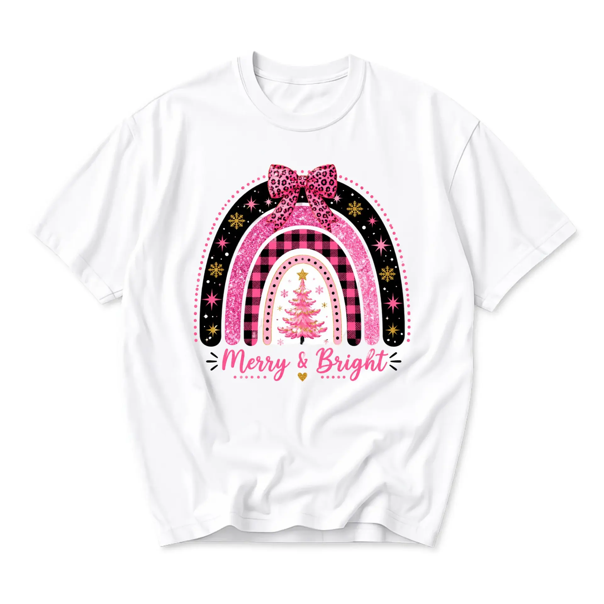 Funny Shirt Merry and Bright Christmas Rainbow Graphic Print Casual Cotton Blend Unisex Crew Neck Short Sleeve Tee Top