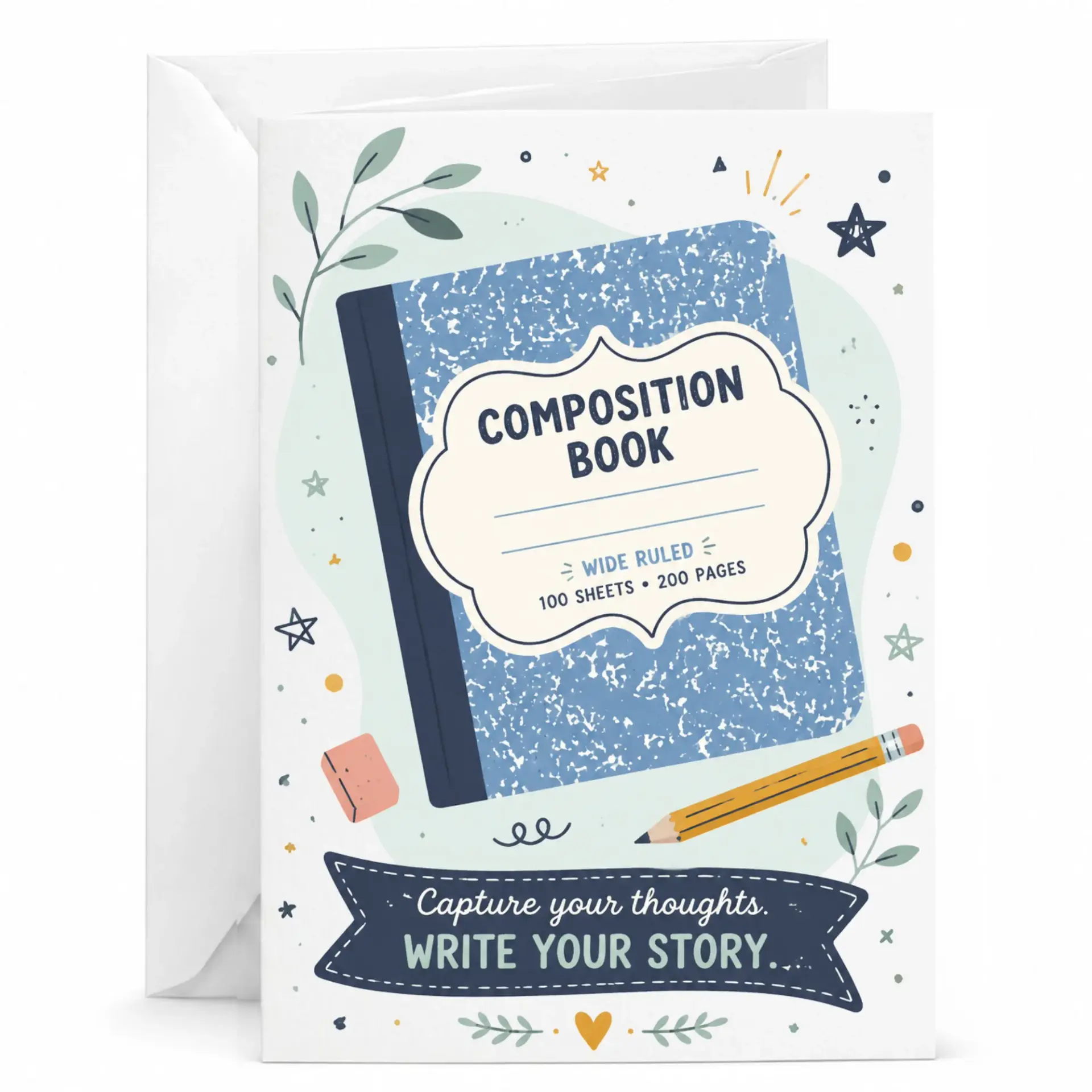 Greeting Card with Composition Book Illustration for Writers and Creative People Featuring Inspirational Message