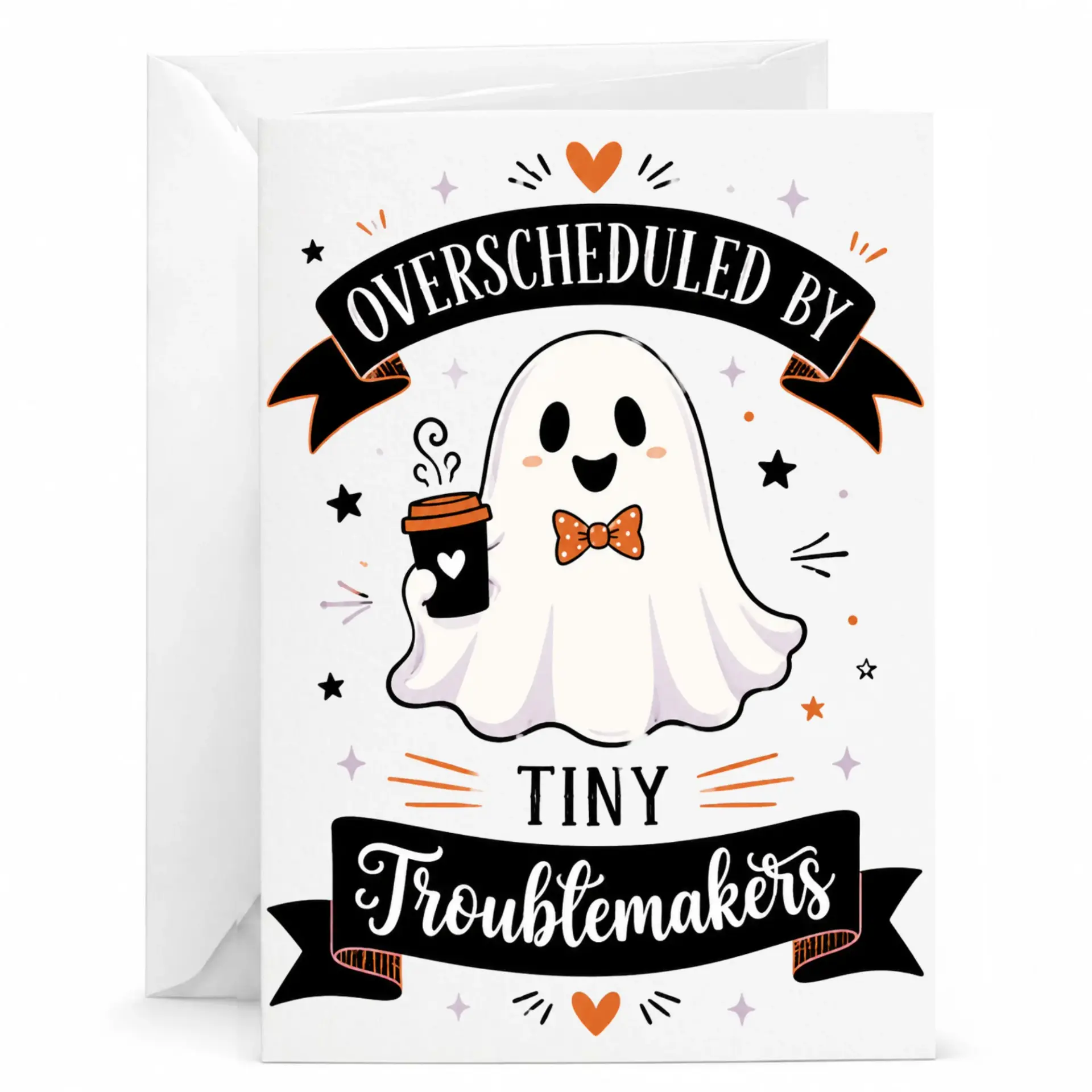 Funny Greeting Card Overscheduled by Tiny Cute Spooky Coffee Lover Illustration Note 5x7 Inch