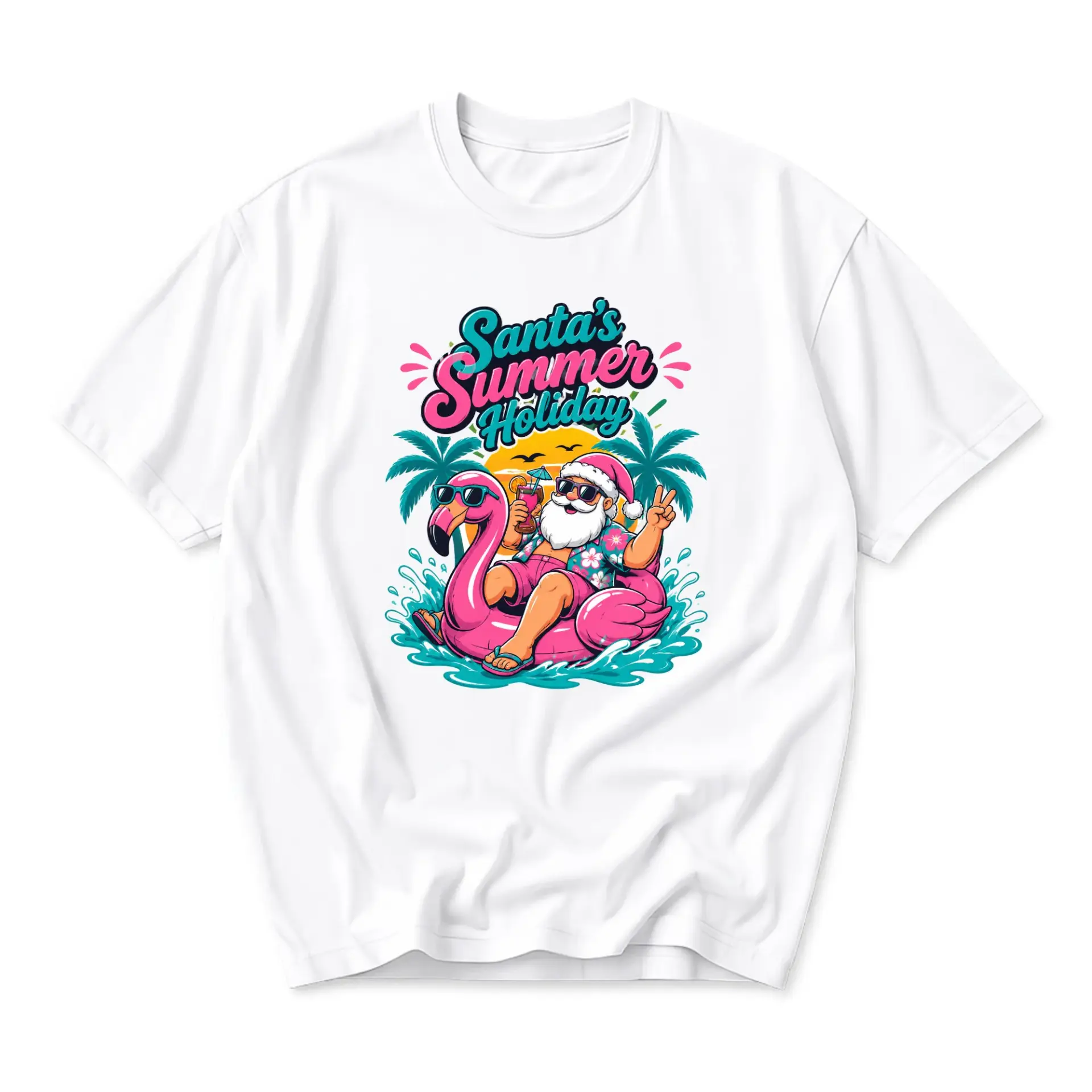 Graphic Tee Santa Tropical Print Unisex Crew Neck Shirt for Casual Everyday