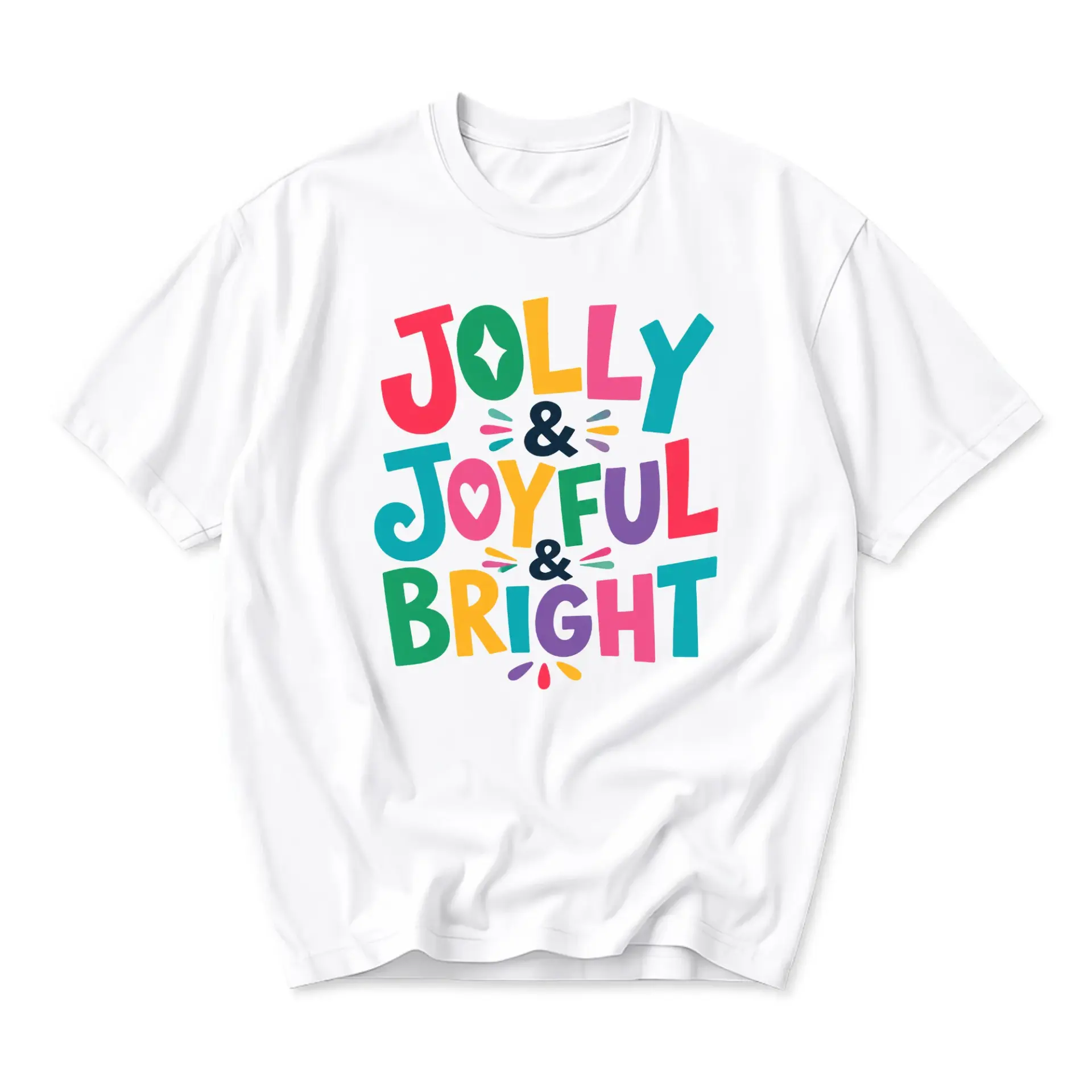 T-shirt Jolly and Joyful and Bright Graphic Tee Colorful Holiday Phrase Seasonal Unisex Casual Cotton Crew Neck