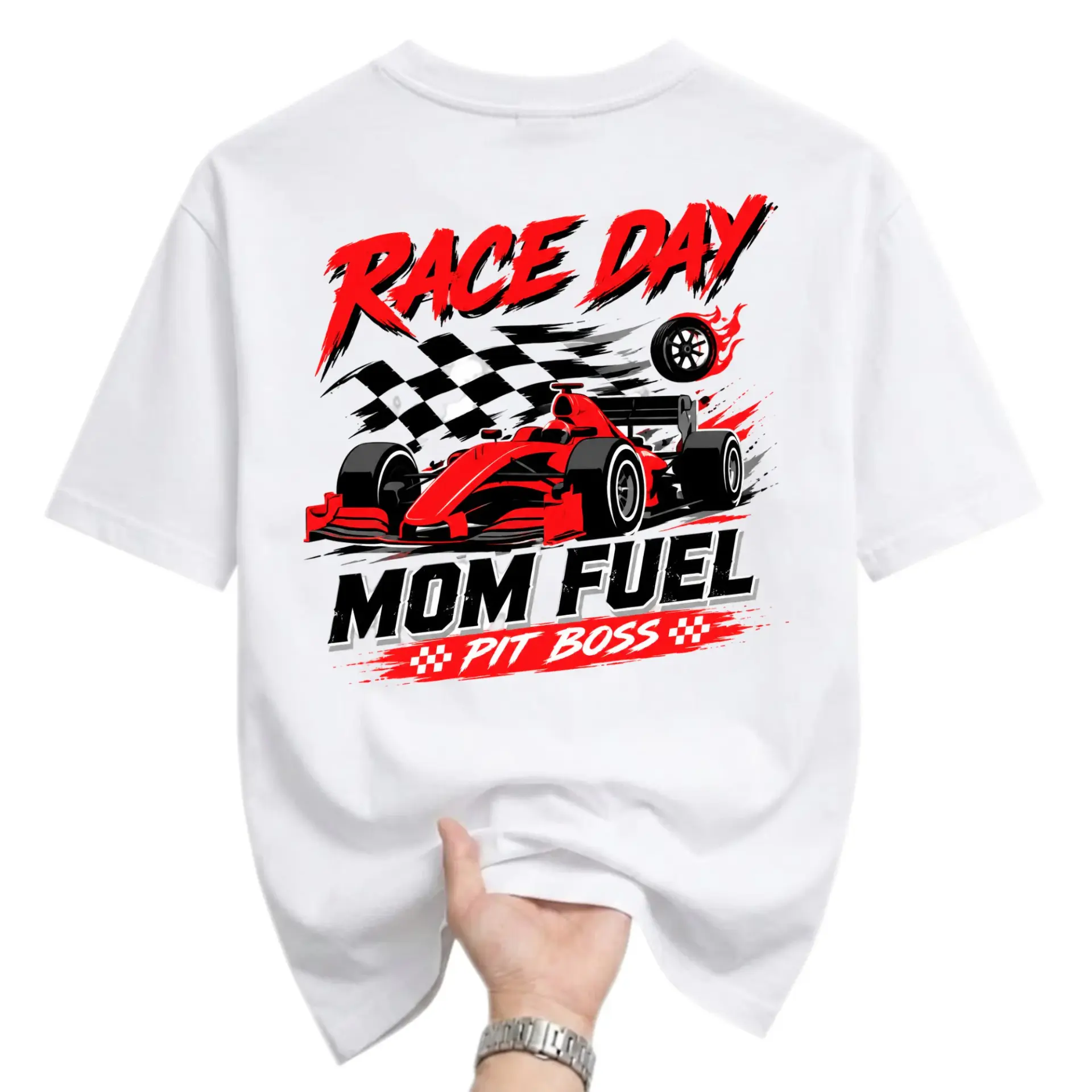Funny Shirt Race Day Mom Fuel Pit Boss Graphic Tee Unisex Crew Neck Casual Everyday Wear Soft Cotton Blend T-Shirt