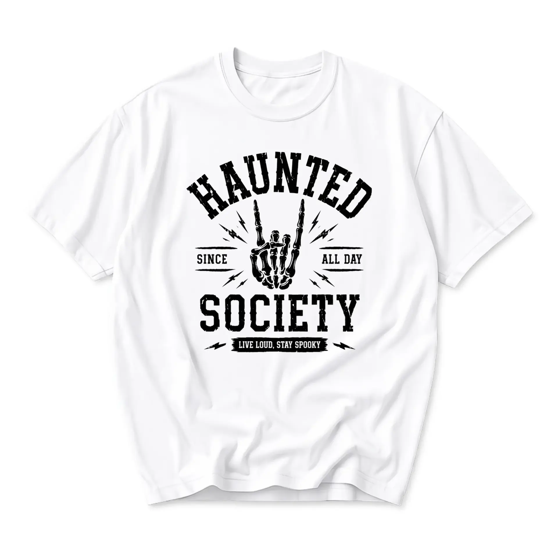 Graphic Tee Haunted Society Skeleton Hand Unisex Shirt Casual Crew Neck Apparel for Everyday Wear and Self Expression