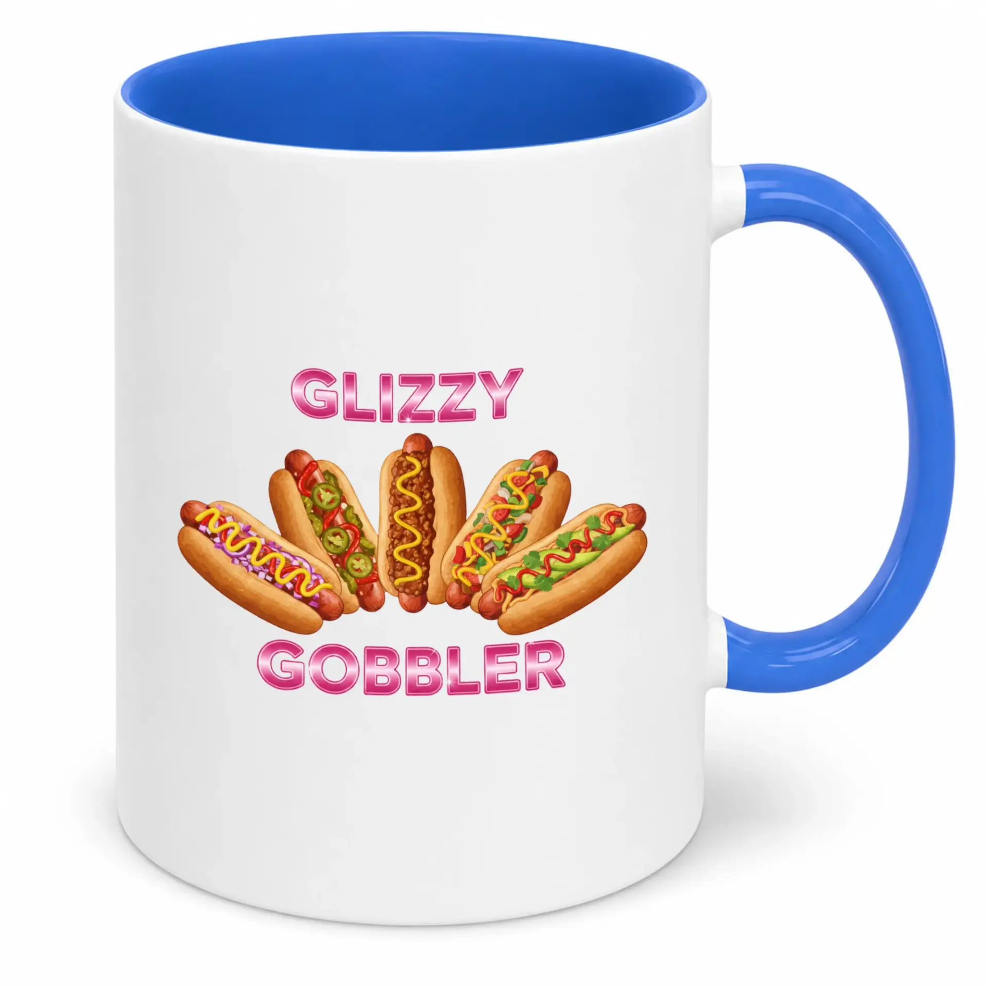 Funny Glizzy Gobbler Ceramic Coffee Mug with Blue Handle and Interior for Beverage Enthusiasts