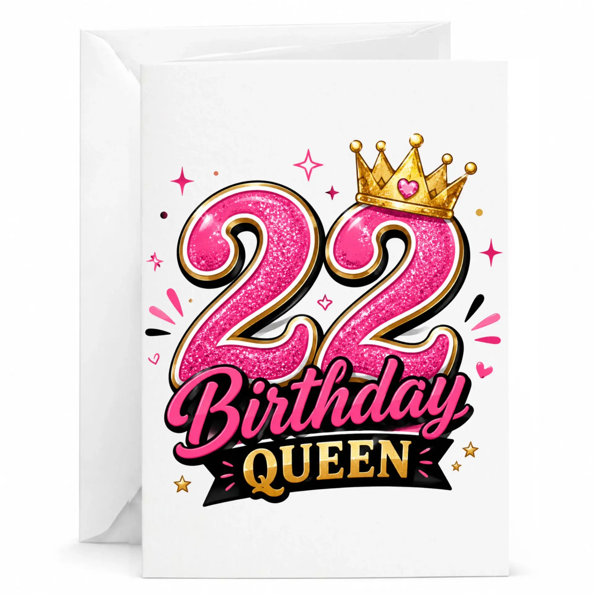 Birthday Card for 22nd Birthday Queen with Gold Crown and Pink Glitter Number Design for Celebration