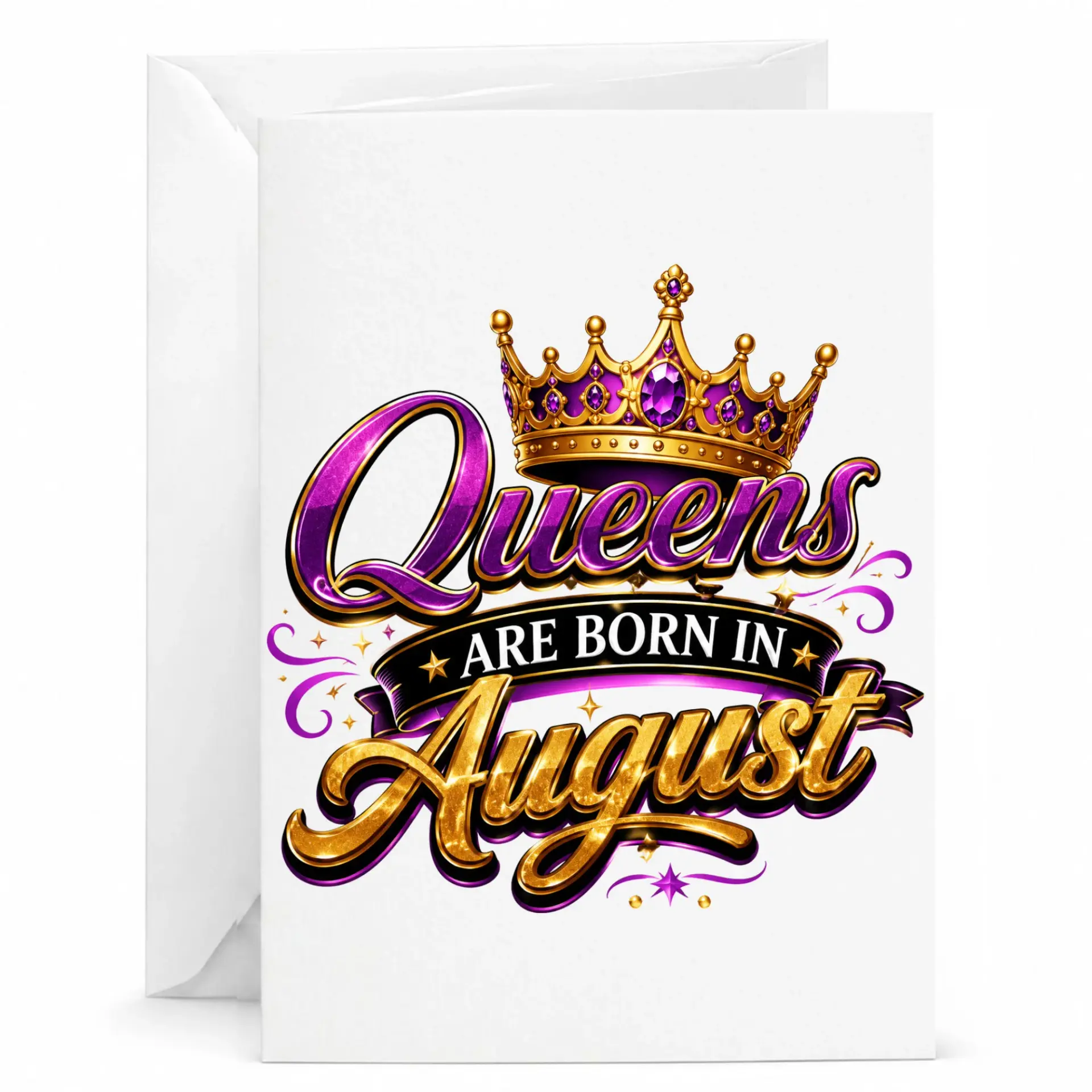 Birthday Card for Women Queens Are Born in August Elegant Gold Crown and Purple Typography Design 5x7 Inches
