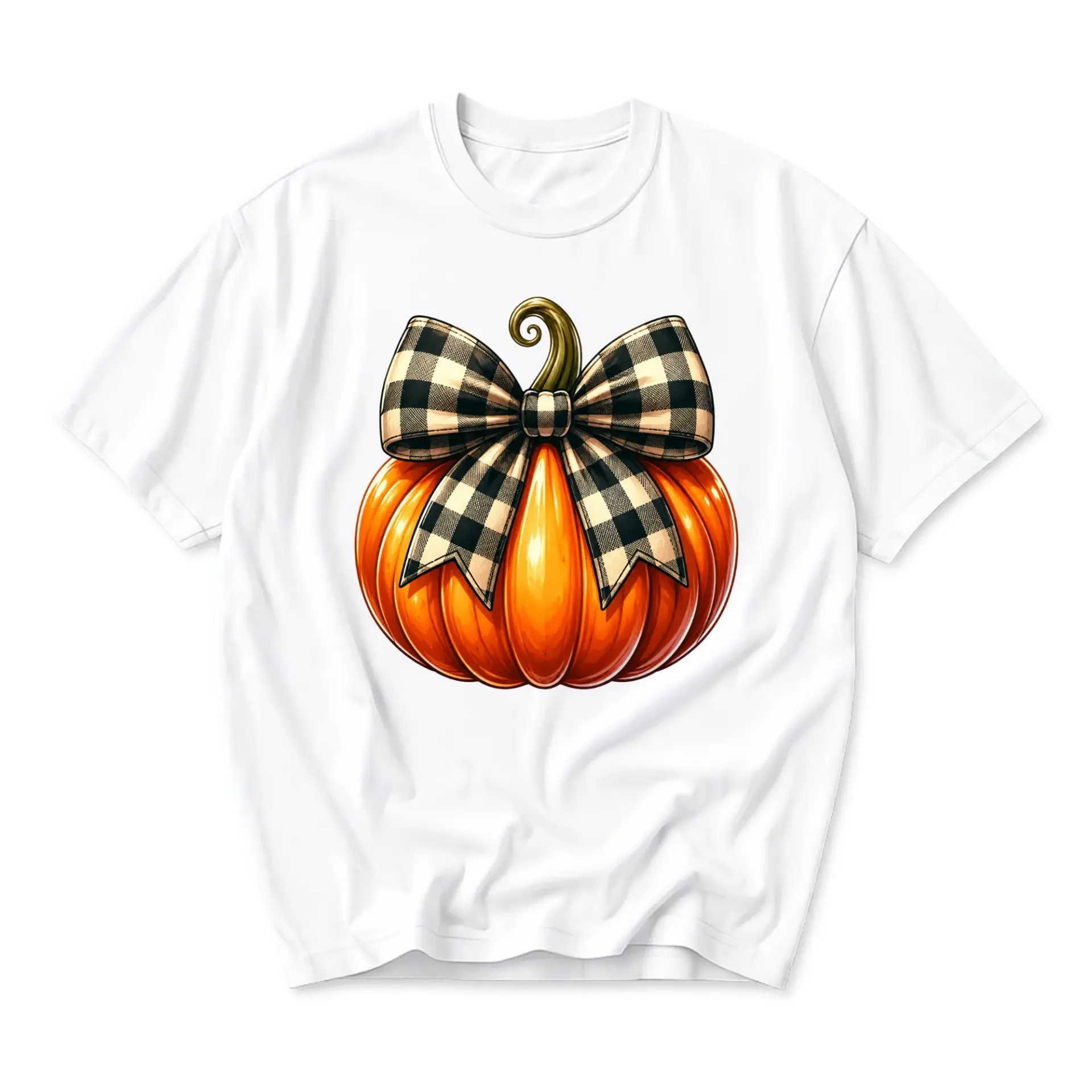 Graphic Tee Unisex Pumpkin with Plaid Bow Print Casual Autumn Seasonal Crew Neck Short Sleeve Cotton Blend T-Shirt