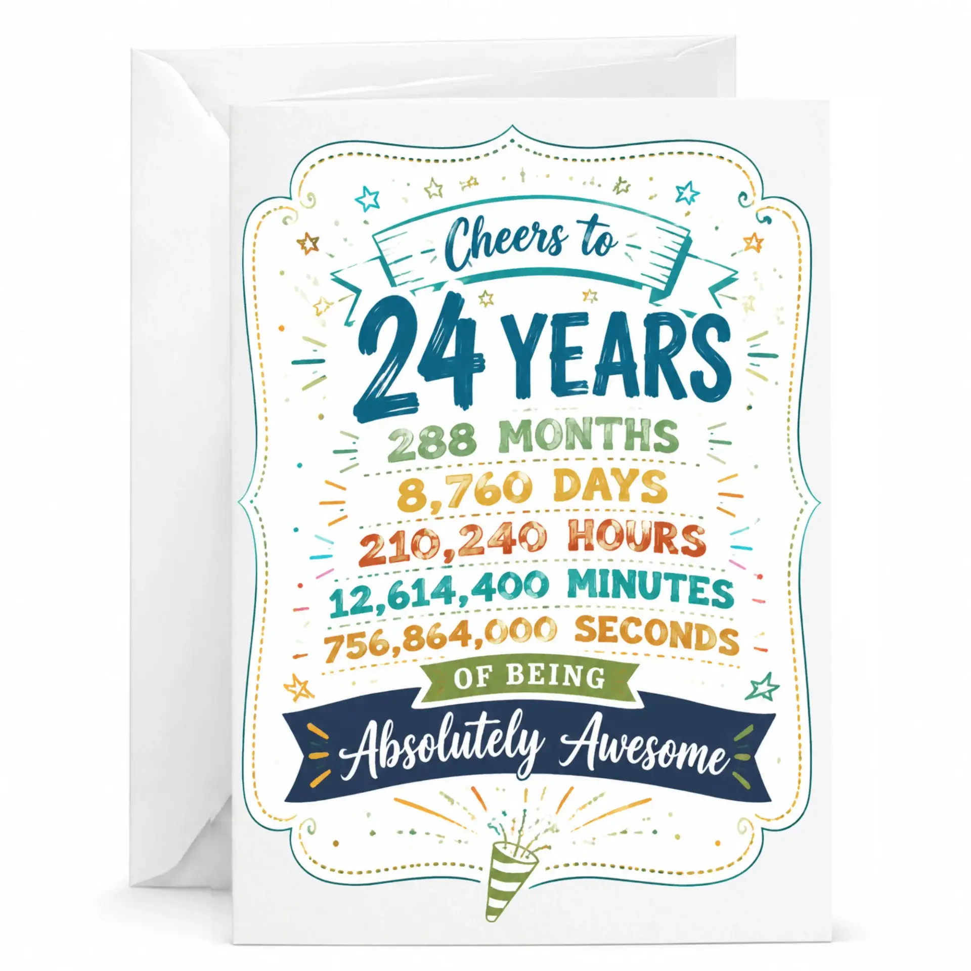 Birthday Card 24 Years Old Funny Milestone Greeting Card for 24th Birthday Celebration with Matching White Envelope