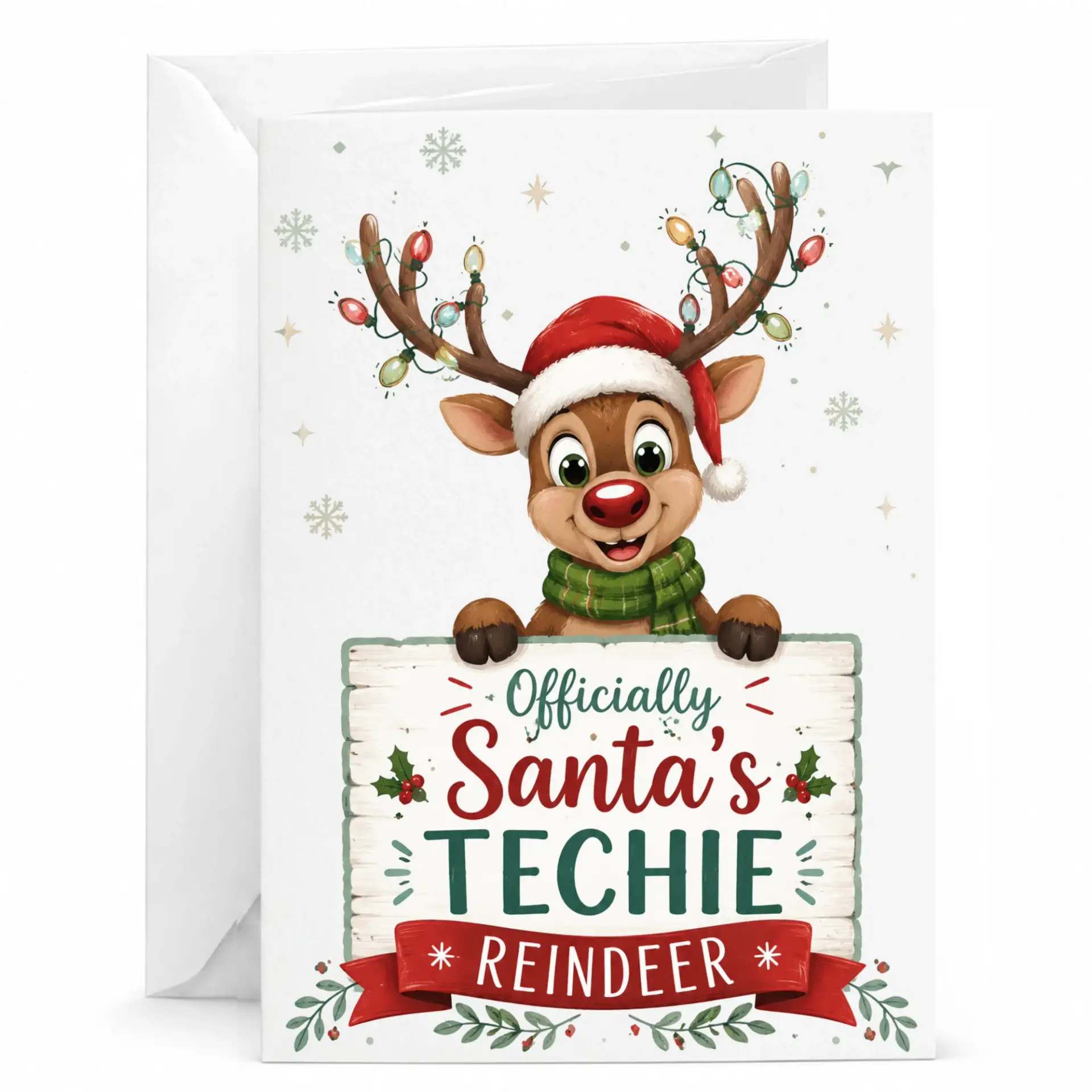 Funny Christmas Greeting Card, Cute Reindeer with Holiday Lights Design, Professional Seasonal Holiday Wishes Note Card
