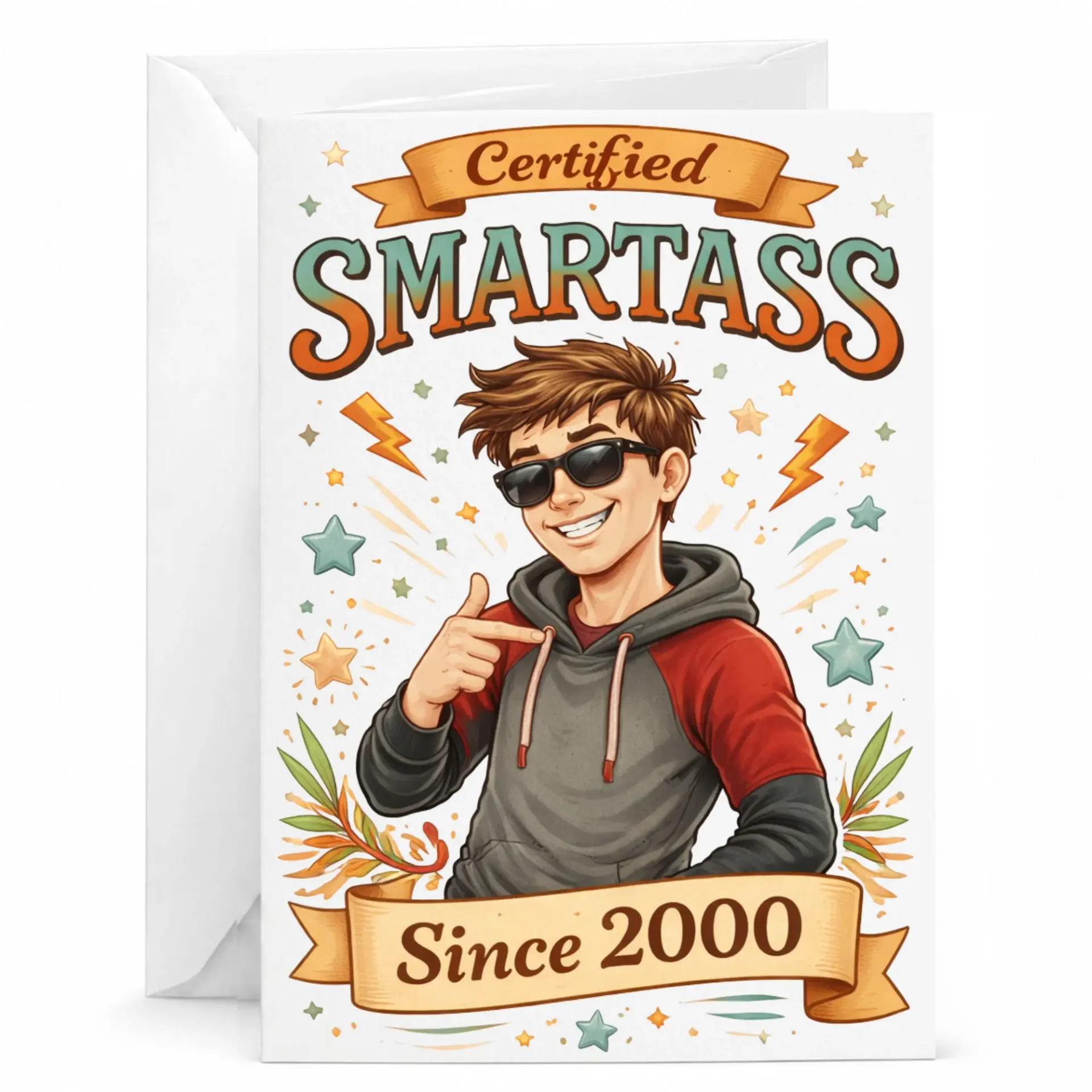 Funny Greeting Card Certified Smartass Since 2000 Cartoon Illustration with Sunglasses for Birthday Celebration Milestone