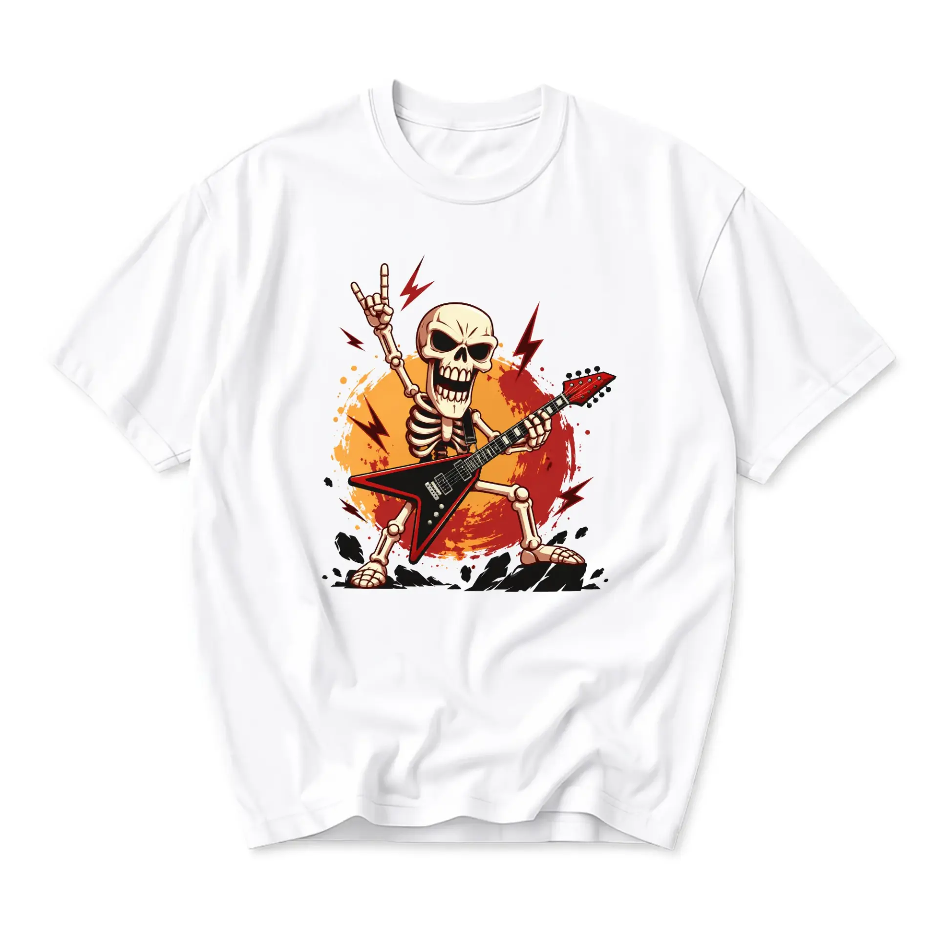Graphic Tee Unisex Crew Neck T-Shirt Featuring a Rocking Skeleton Guitarist Playing Electric Guitar in Bold Style
