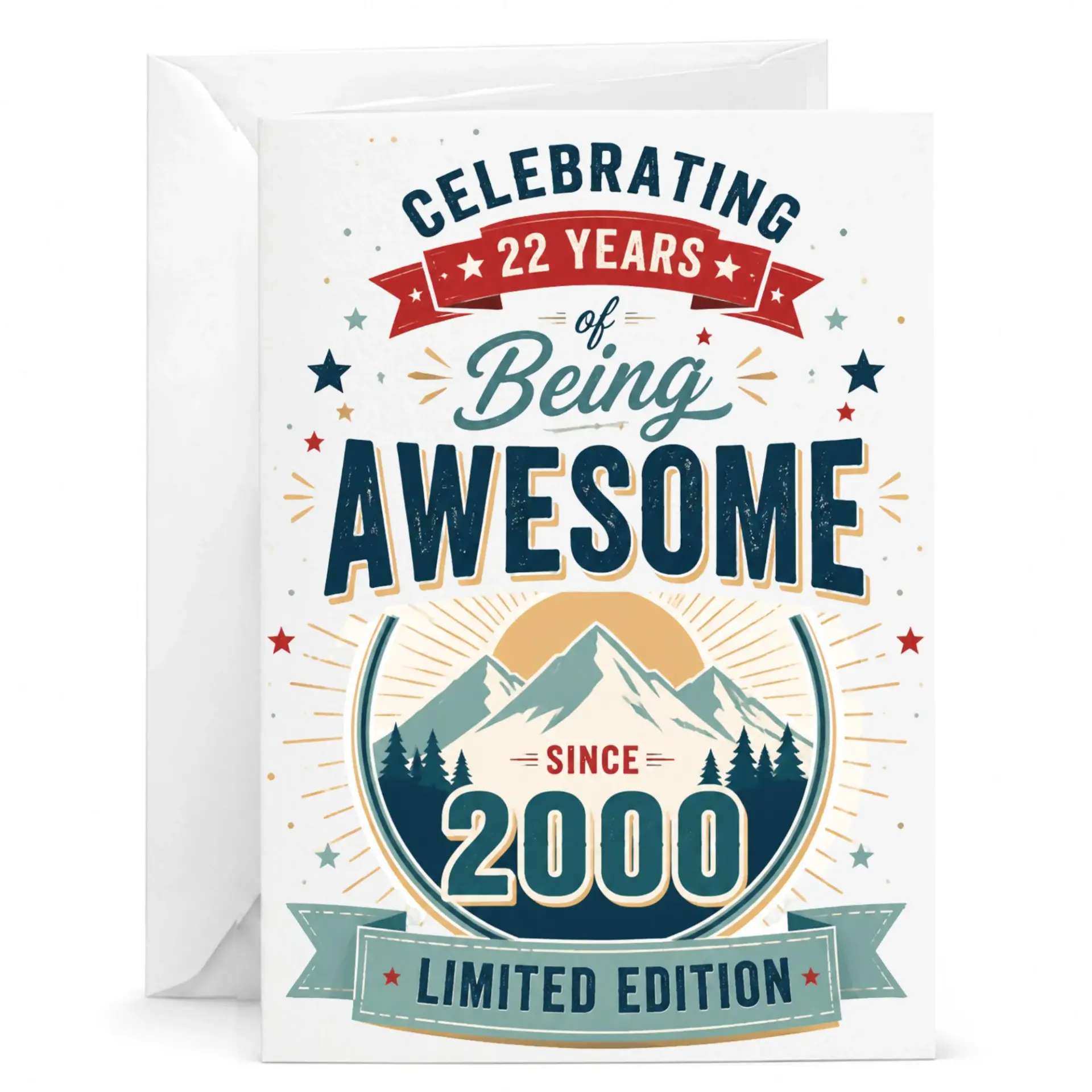 Birthday Card Celebrating 22 Years of Being Awesome Since 2000 Vintage Style Greeting Card with Matching White Envelope