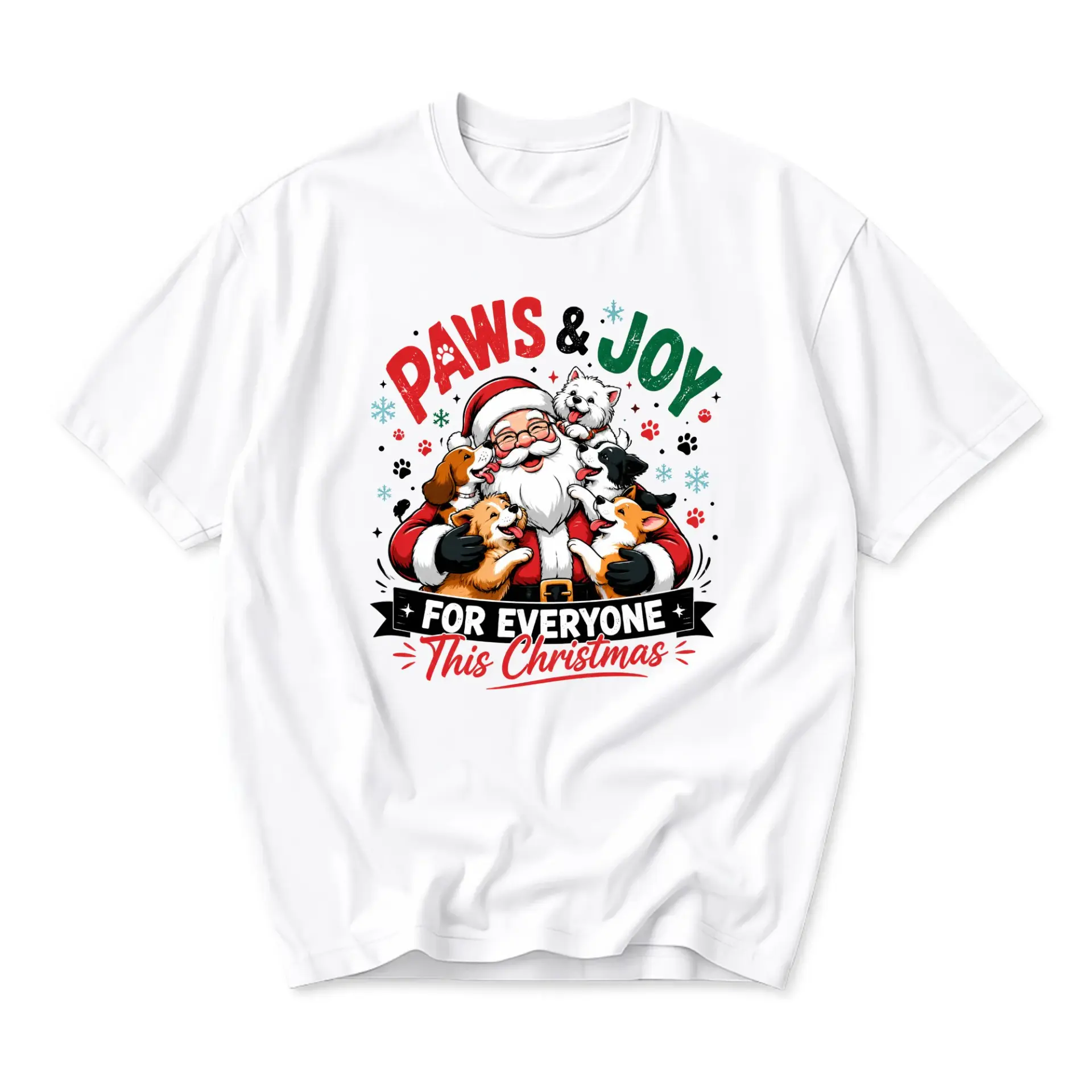Graphic Tee Paws and Joy Santa Claus with Puppies Festive Unisex Crew Neck