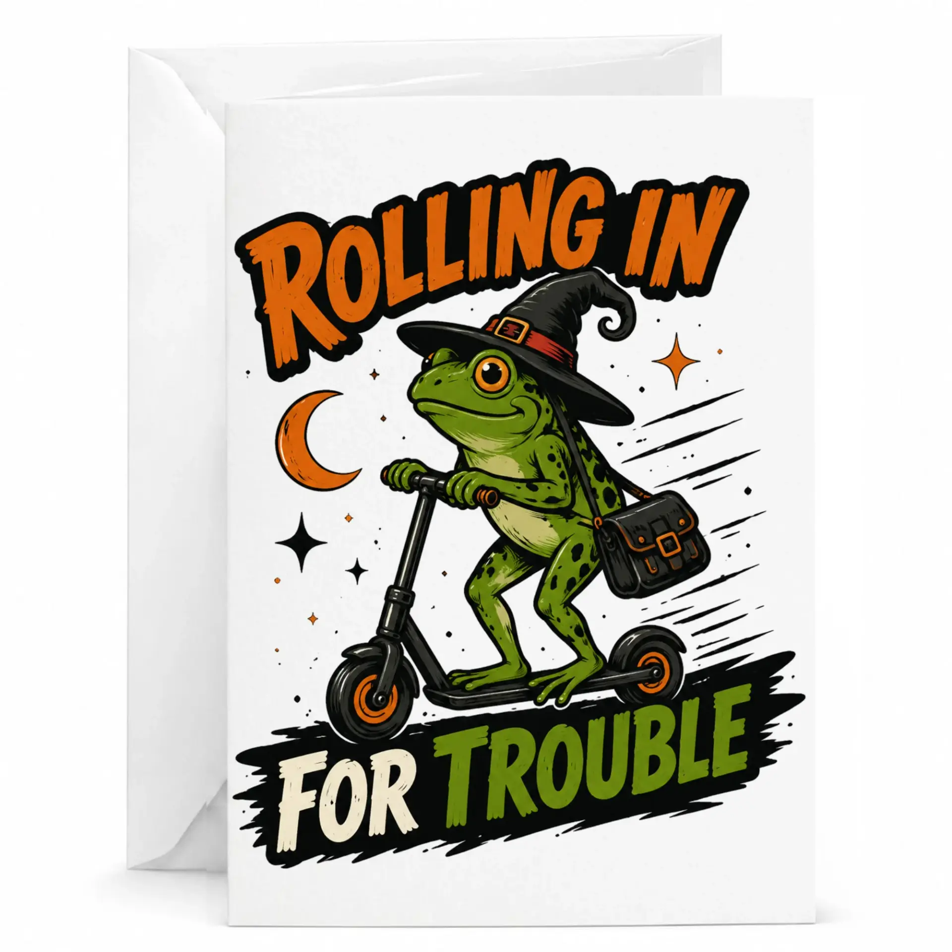 Funny Greeting Card Rolling Trouble Illustration Featuring a Toad Wearing a Witch Hat on a Scooter