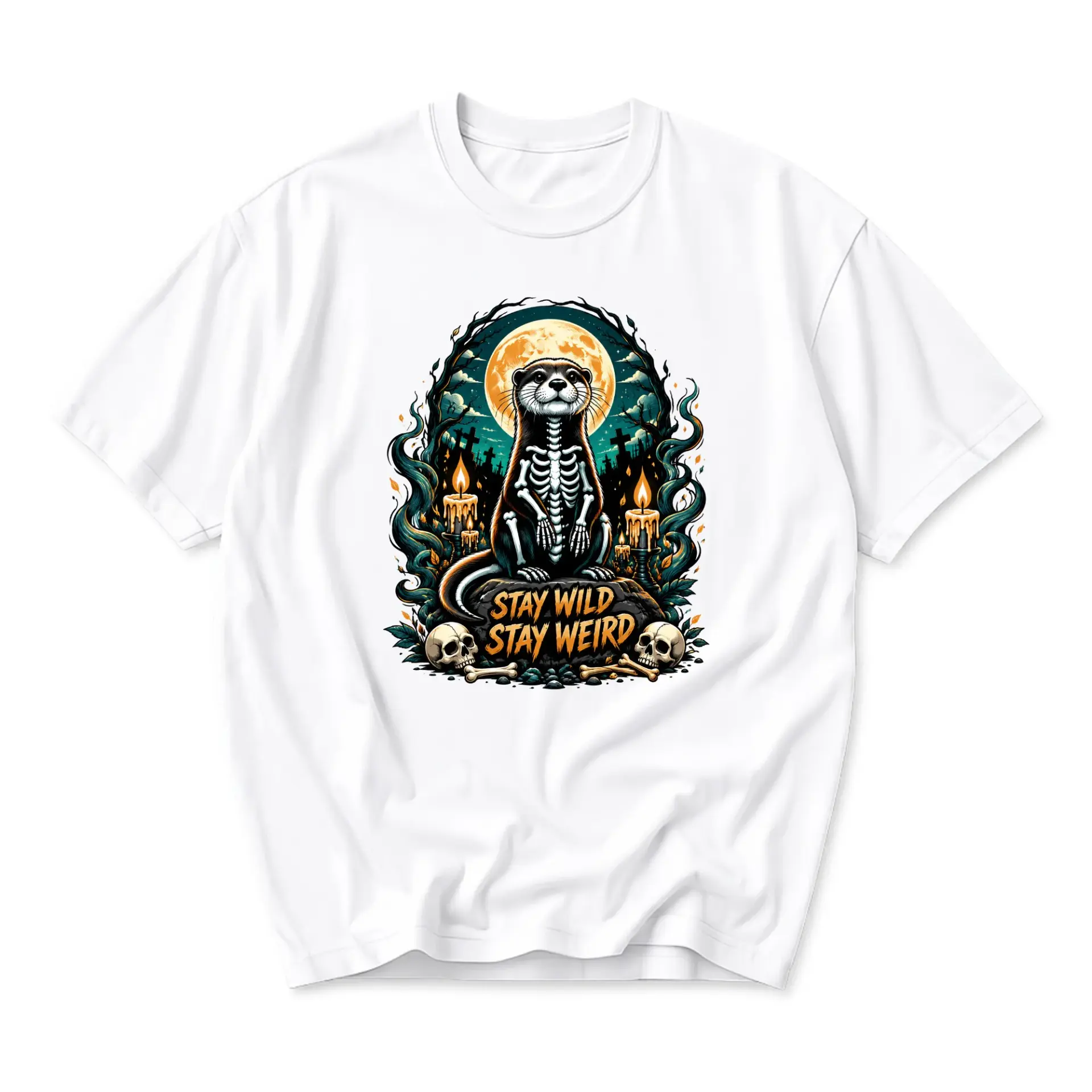 Funny Shirt Stay Wild Stay Weird Skeleton Otter Graphic Tee Artistic Nature Inspired Unisex Crew Neck Casual Cotton Top
