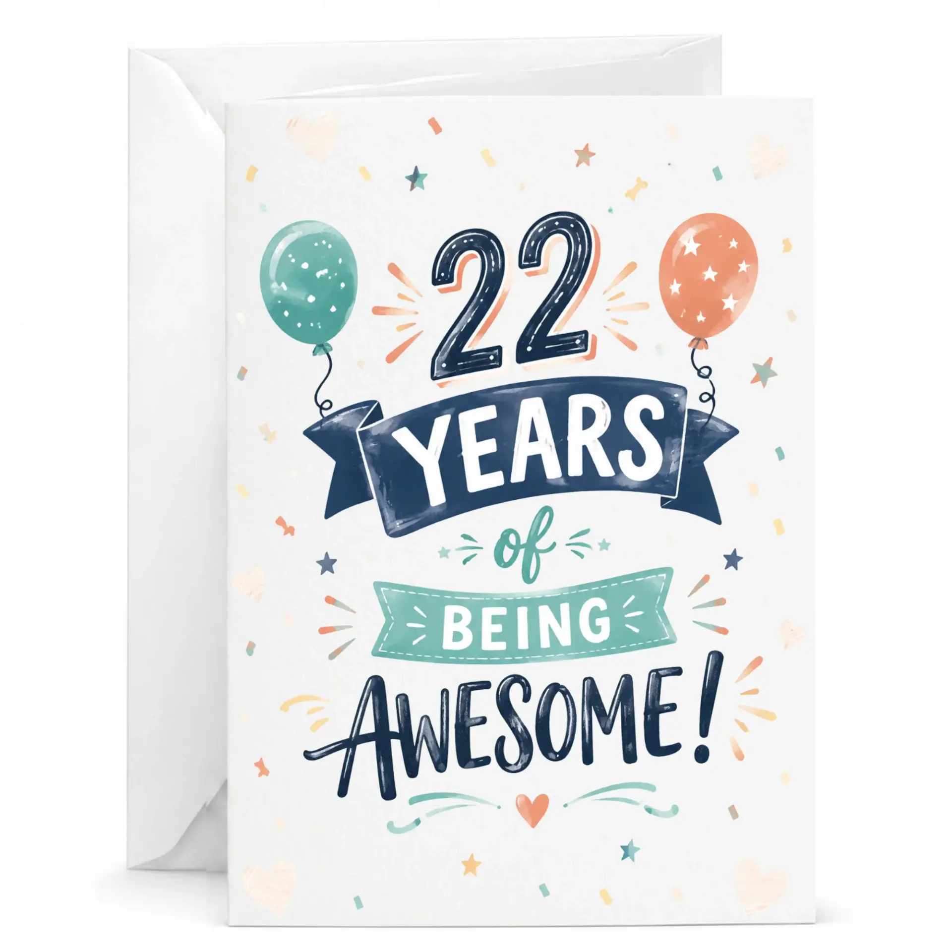 Birthday Card 22 Years of Being Awesome Fun Balloon Illustration Greeting Card with White Envelope for Milestone Age