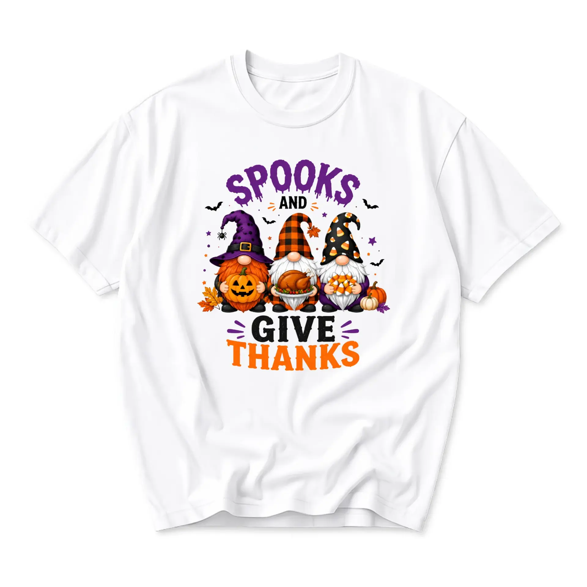 T-shirt Spooks and Give Thanks Graphic Tee Holiday Seasonal Unisex Casual Apparel Fall Theme Crew Neck Short Sleeve Top