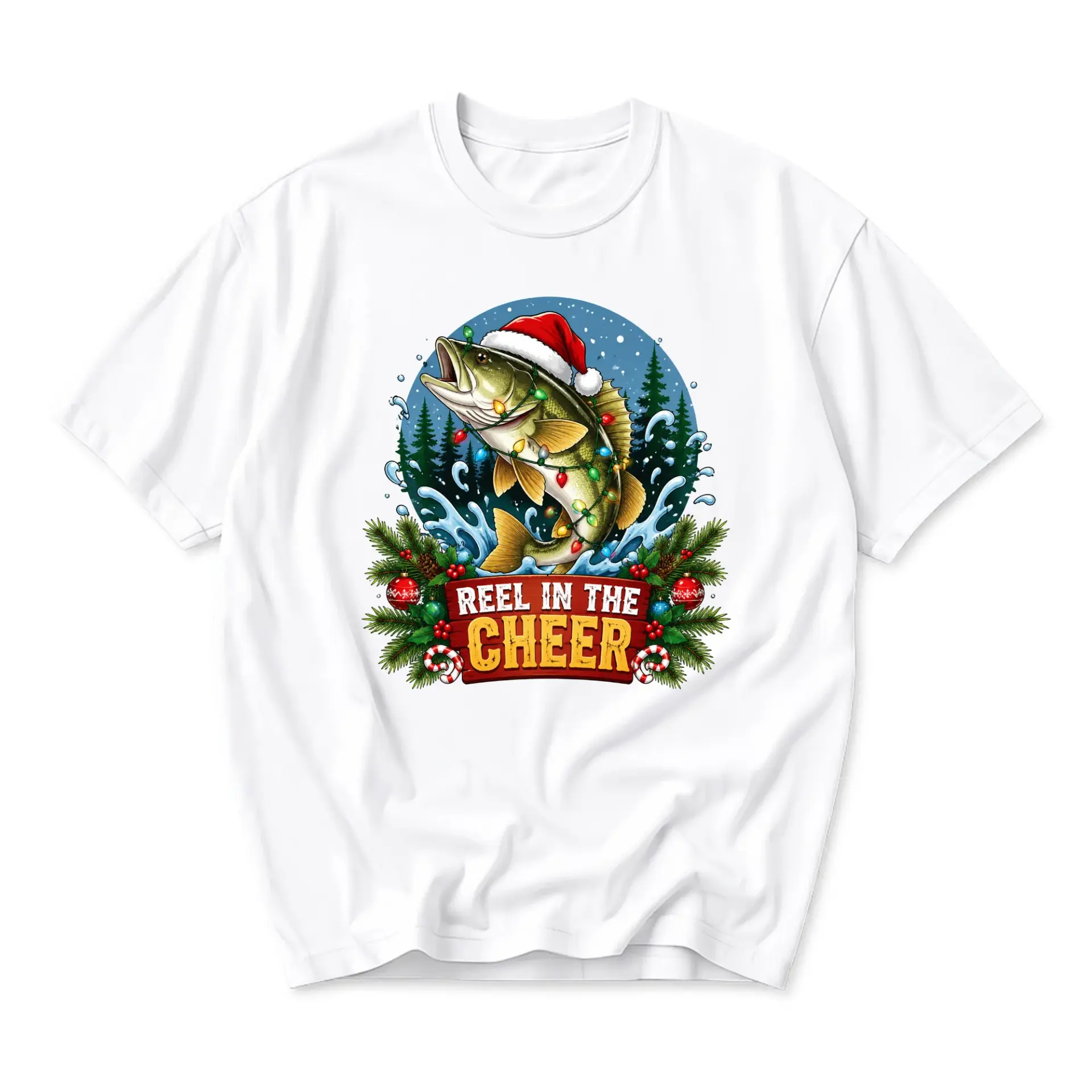 Funny Shirt Reel in the Cheer Graphic Tee Holiday Fishing Themed Unisex Crew Neck Casual Cotton Blend Apparel White