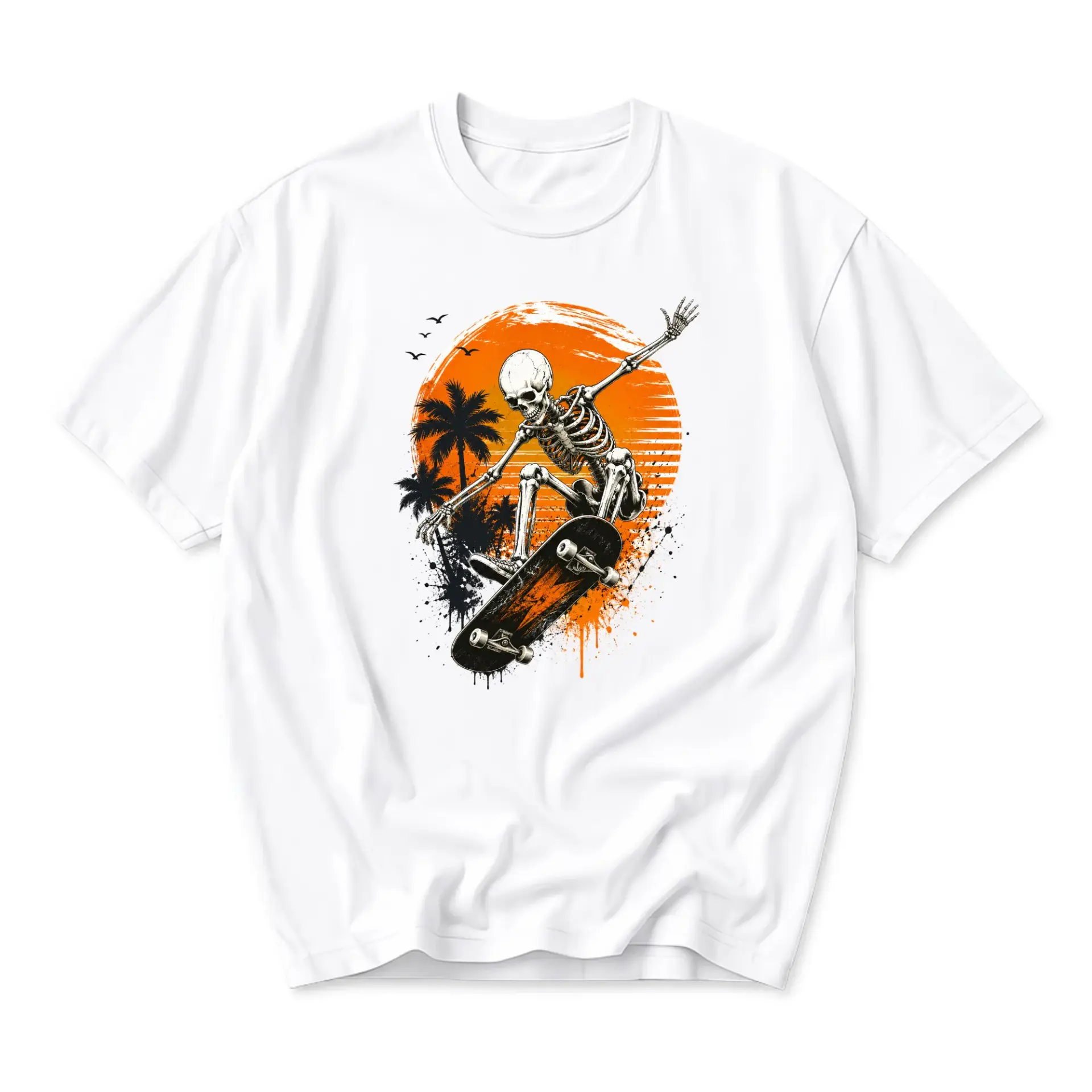 Graphic Tee Unisex Skateboard Skeleton Sunset Illustration Print Short Sleeve Casual Everyday Crew Neck Cotton Shirt