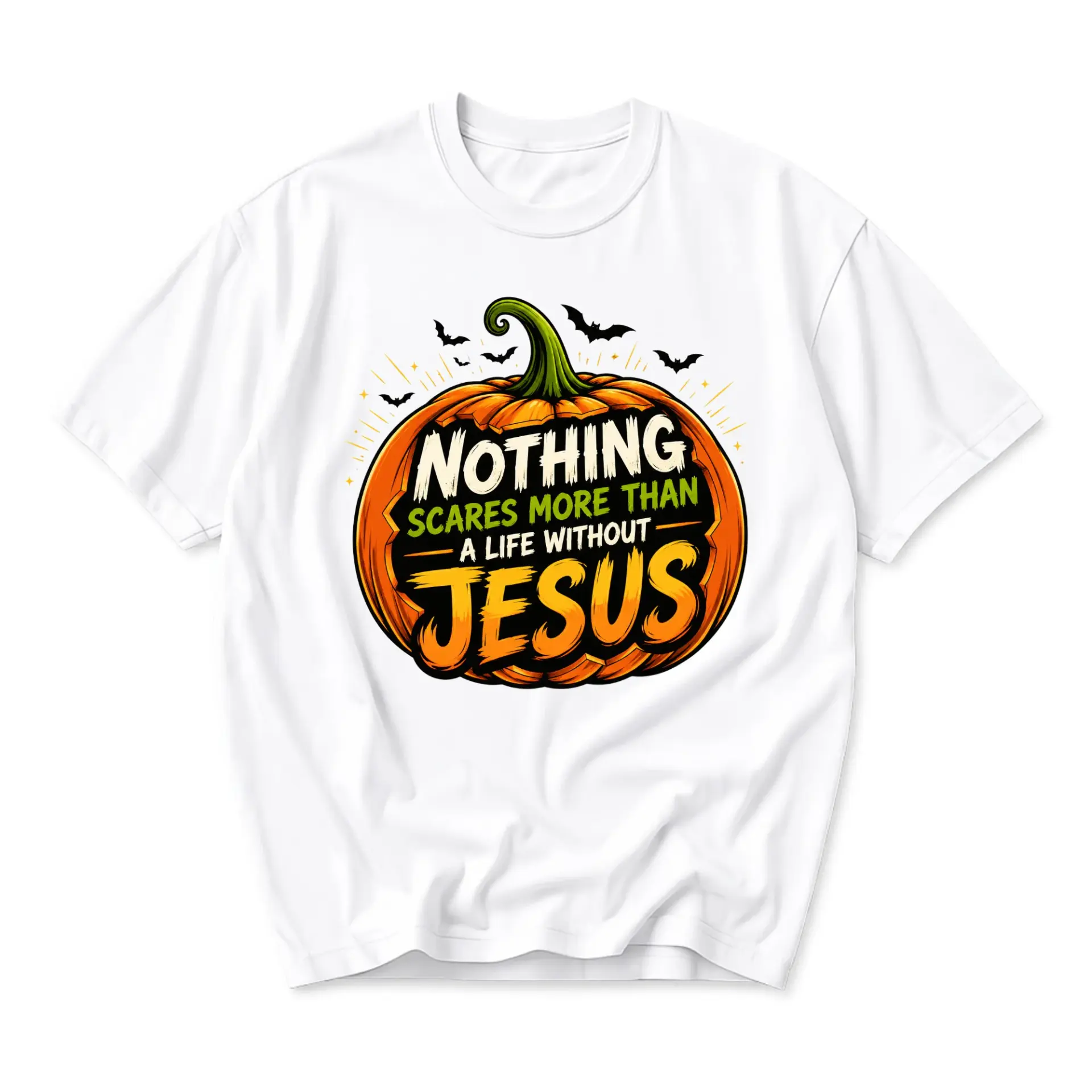 Graphic Tee Unisex Crew Neck T-Shirt Featuring a Halloween Pumpkin Design with Inspirational Religious Quote