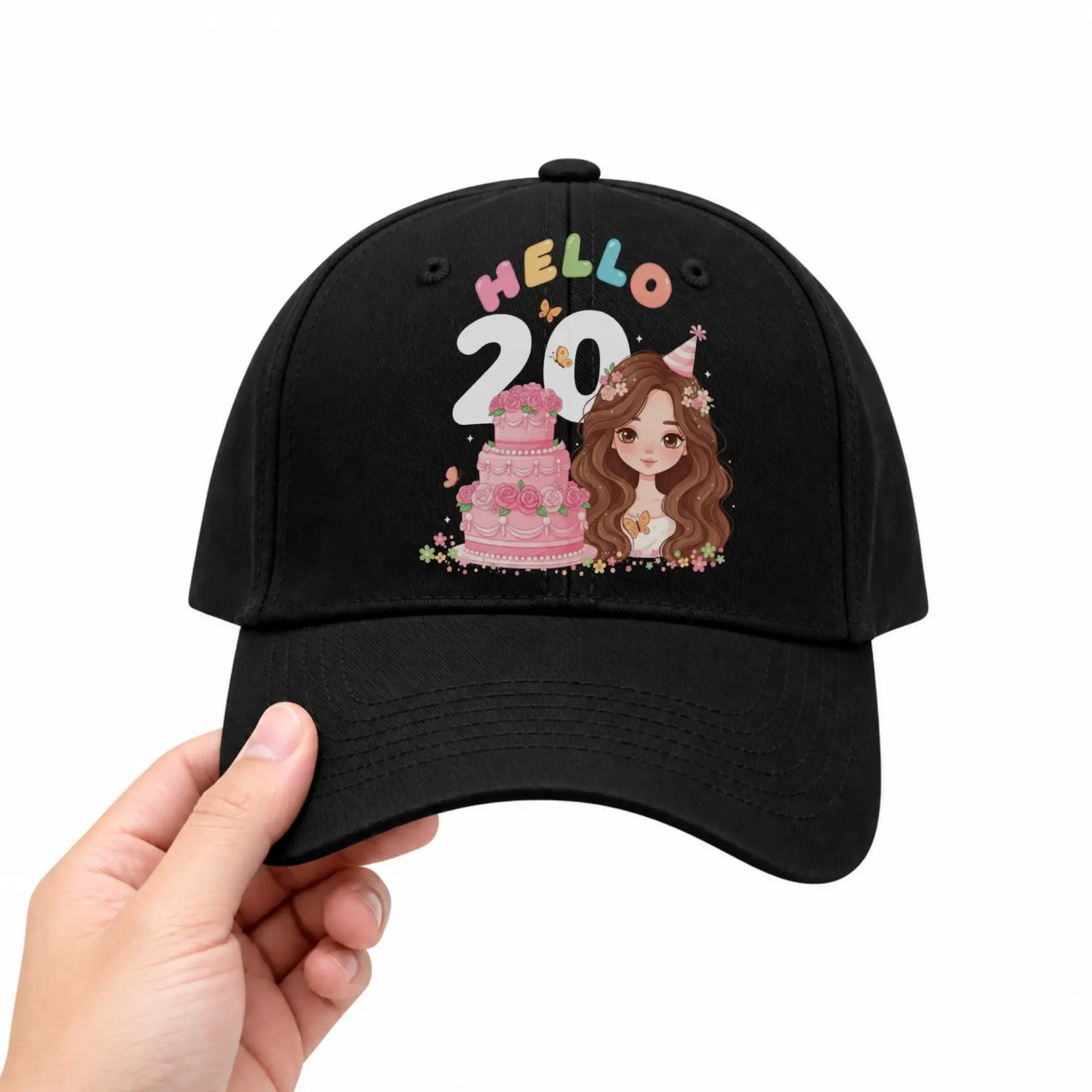 Vinyl Sticker Pack Hello 20 Birthday Celebration Design Featuring Cute Girl with Cake and Party Hat Aesthetic Decals