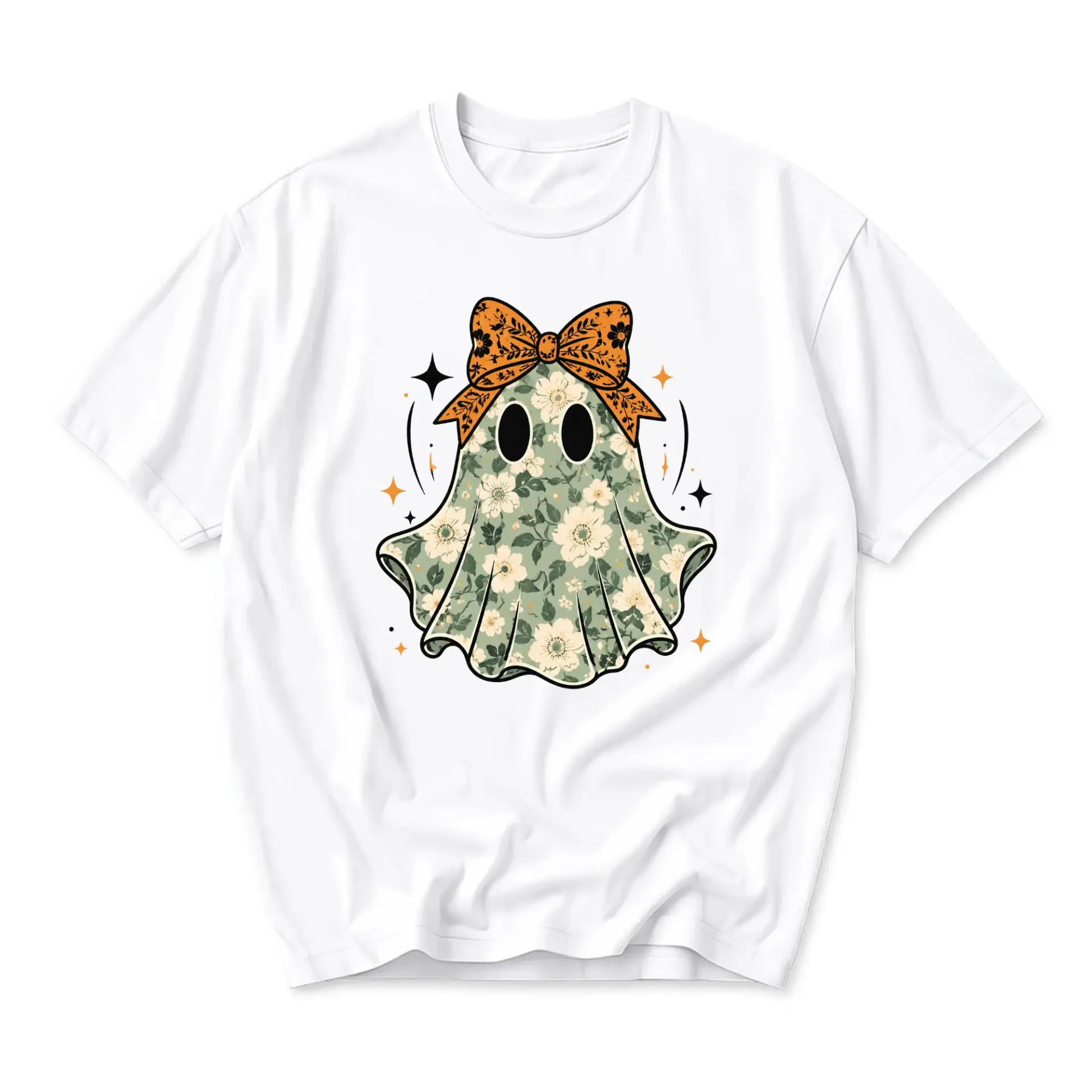 Graphic Tee Floral Ghost Bow Print Unisex Crew Neck T-Shirt for Casual Everyday Wear and Seasonal Style Expressions
