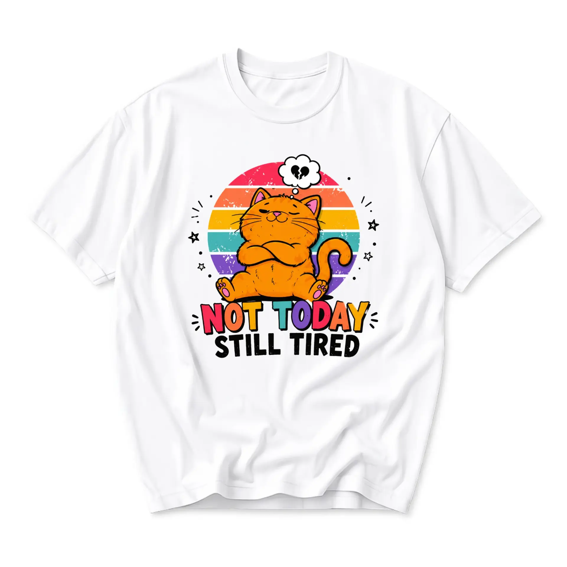 Funny Shirt Not Today Still Tired Orange Cat Retro Graphic Tee Unisex Casual Crew Neck Short Sleeve Cotton Top