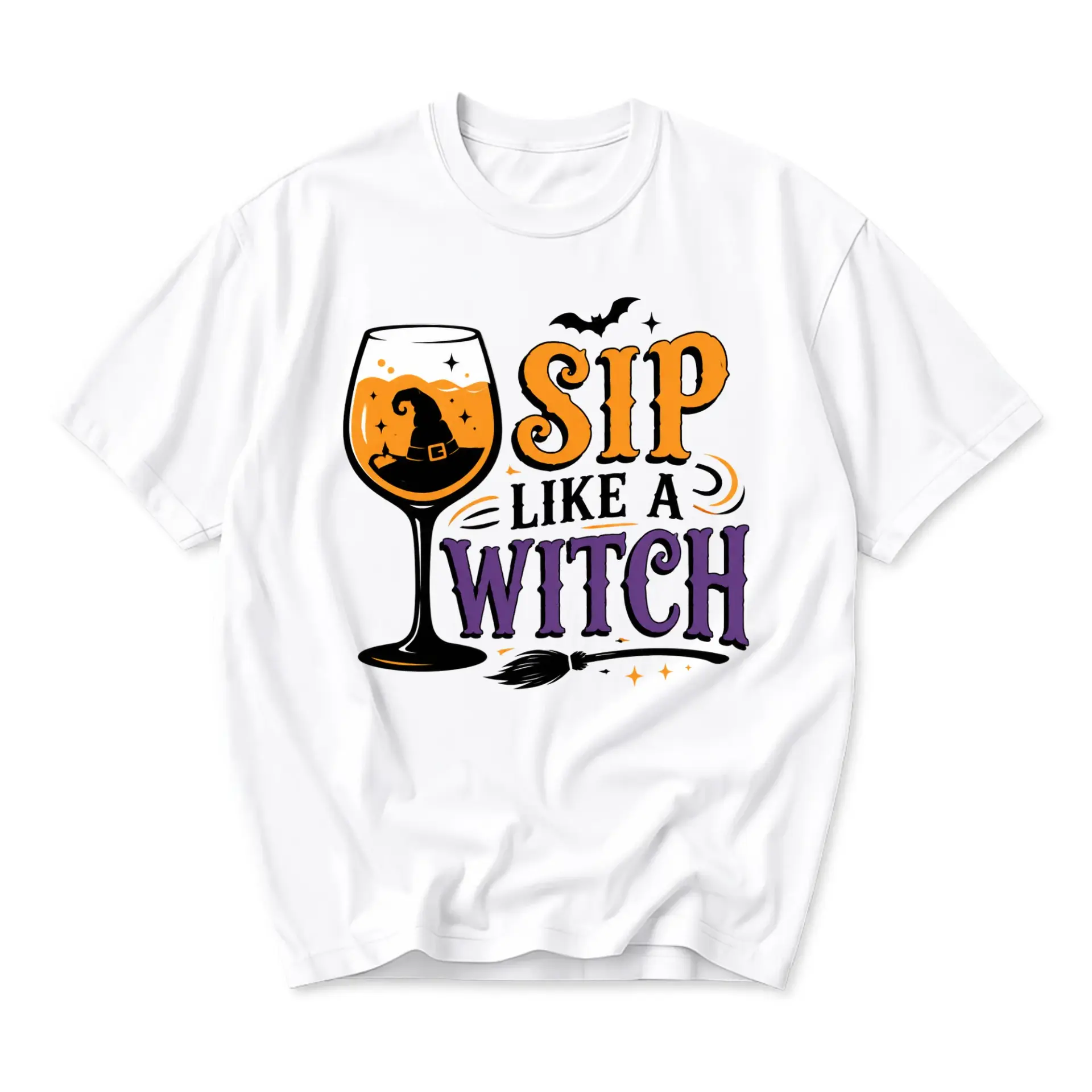 T-shirt Sip Like a Witch Graphic Tee for Fall Seasonal Apparel Funny Wine Lover Crew Neck Unisex Everyday Shirt White