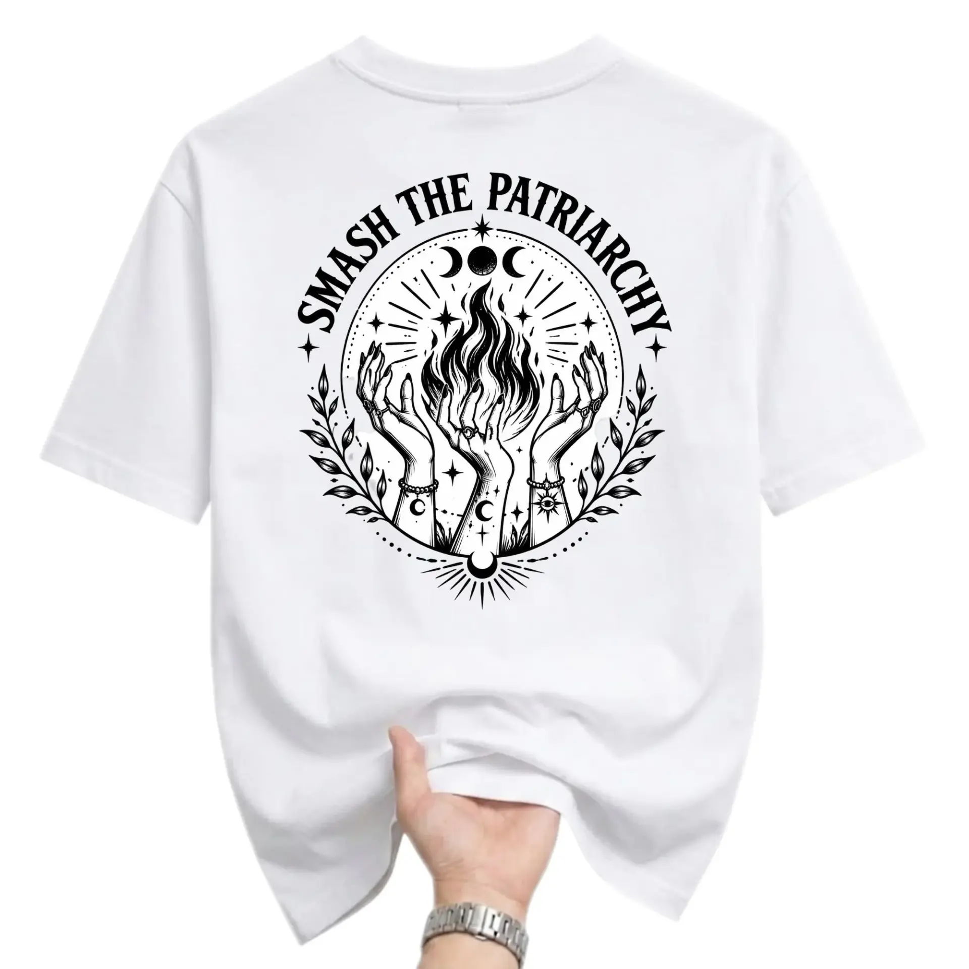 Graphic Tee Unisex Crew Neck T-Shirt Featuring Celestial Occult Style Smash the Patriarchy Flame Hands Illustration