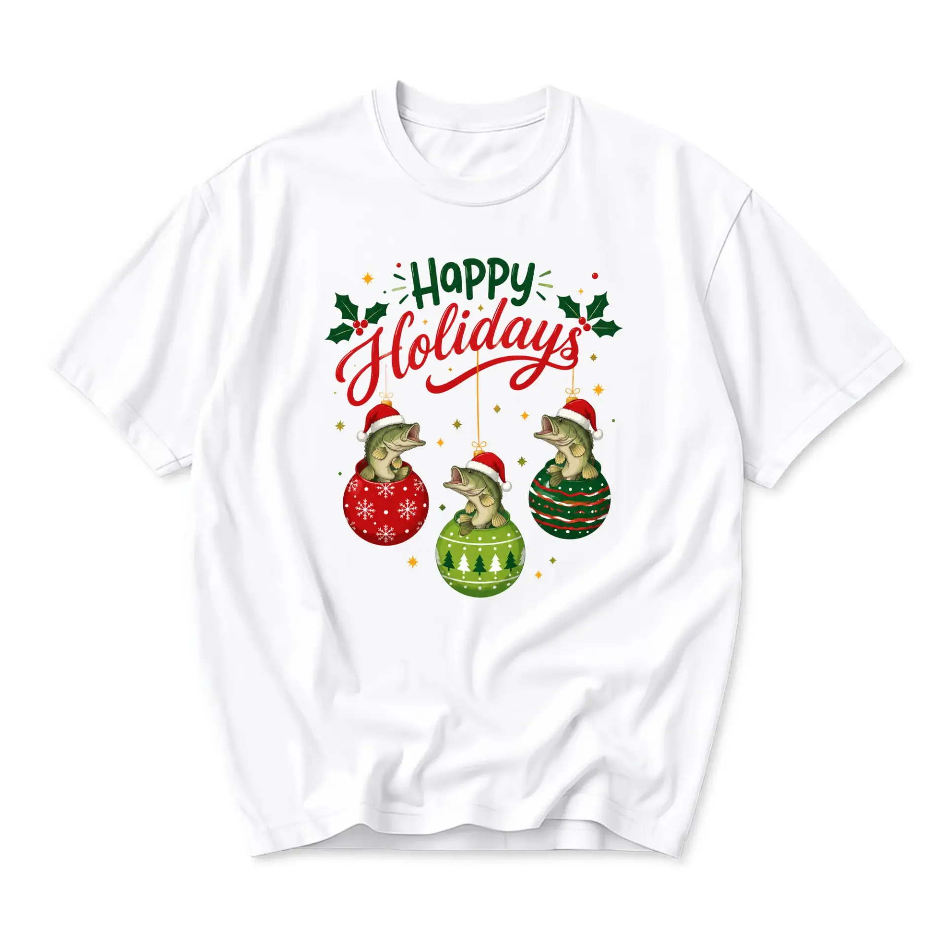 Funny Shirt Happy Holidays Fishing Graphic Tee Unisex Crew Neck Short Sleeve Casual Cotton Blend Holiday Apparel