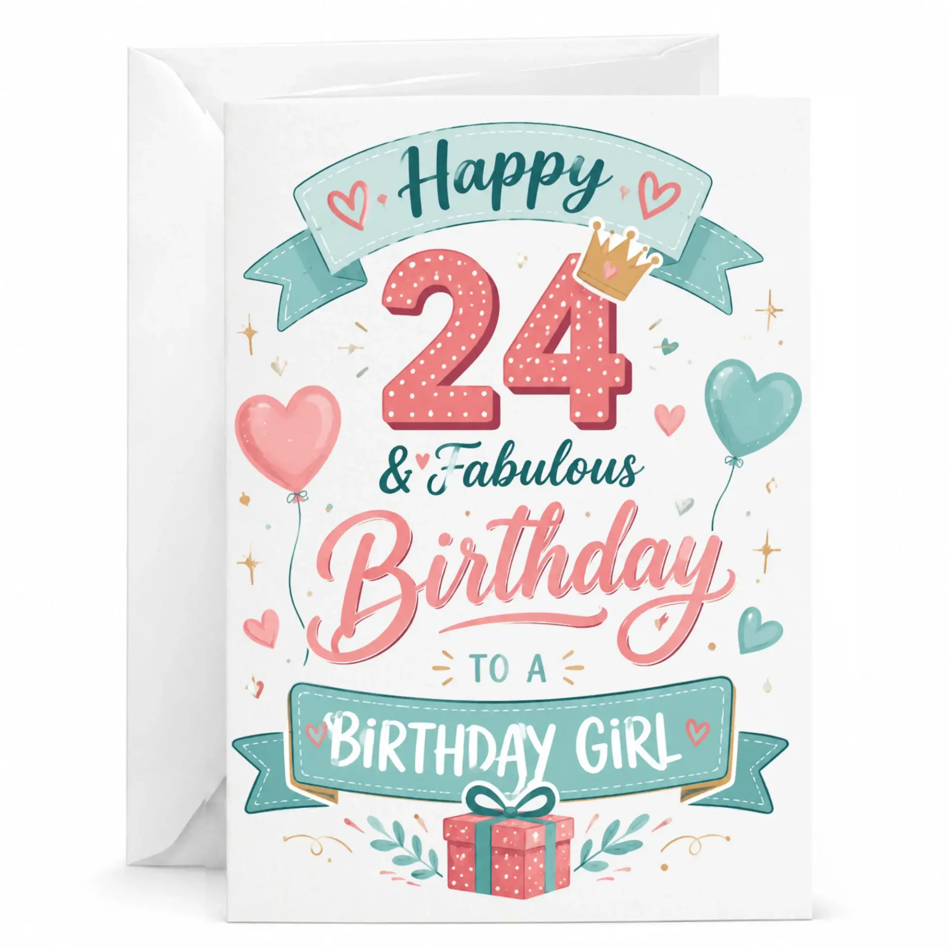 Birthday Card for 24th Birthday Celebration Decorative Happy 24 and Fabulous Design for Her with Matching Envelope