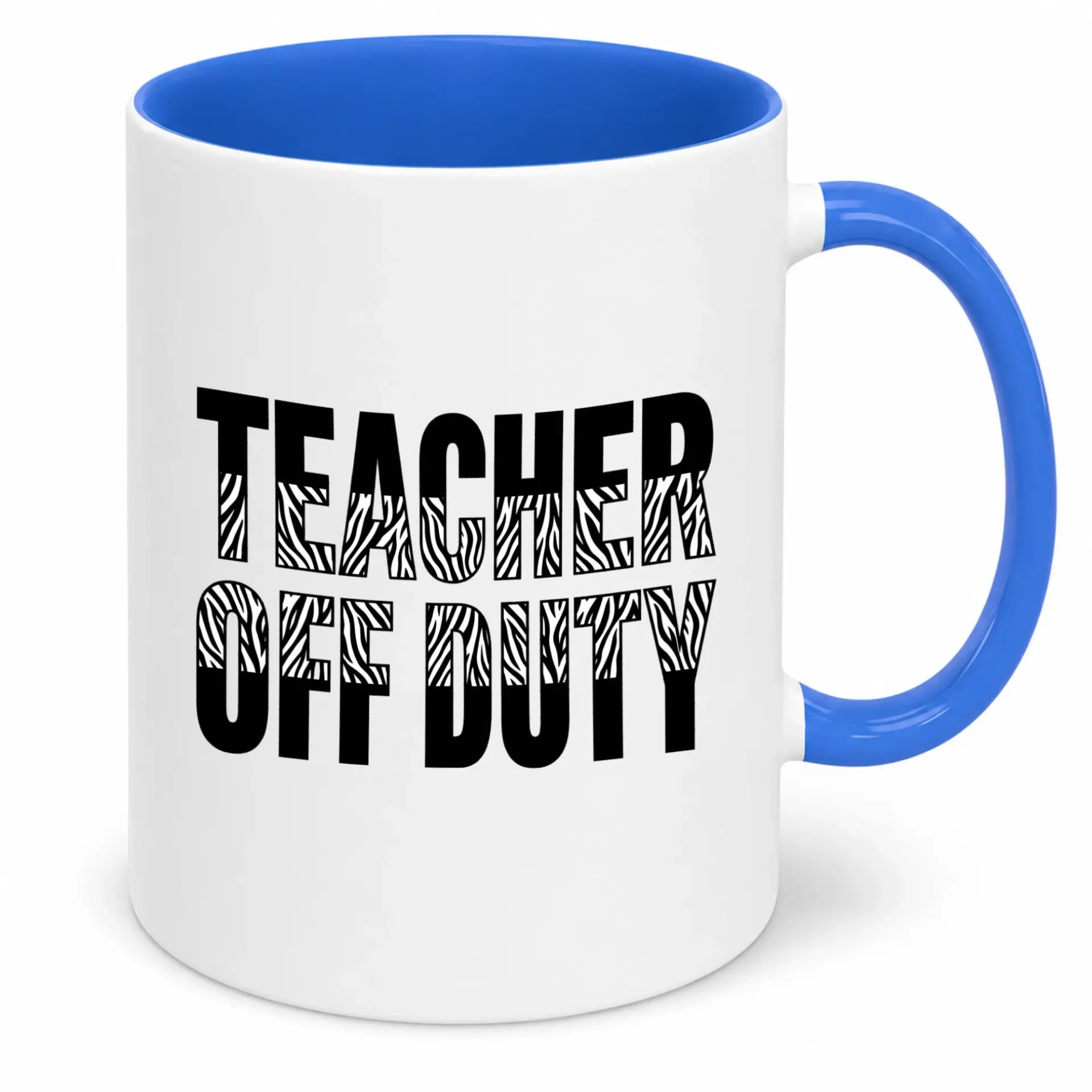 Funny Teacher Off Duty Coffee Mug with Zebra Print Design - Premium 11oz White Ceramic Tea Cup with Blue Handle and Interior for Home Office Gift