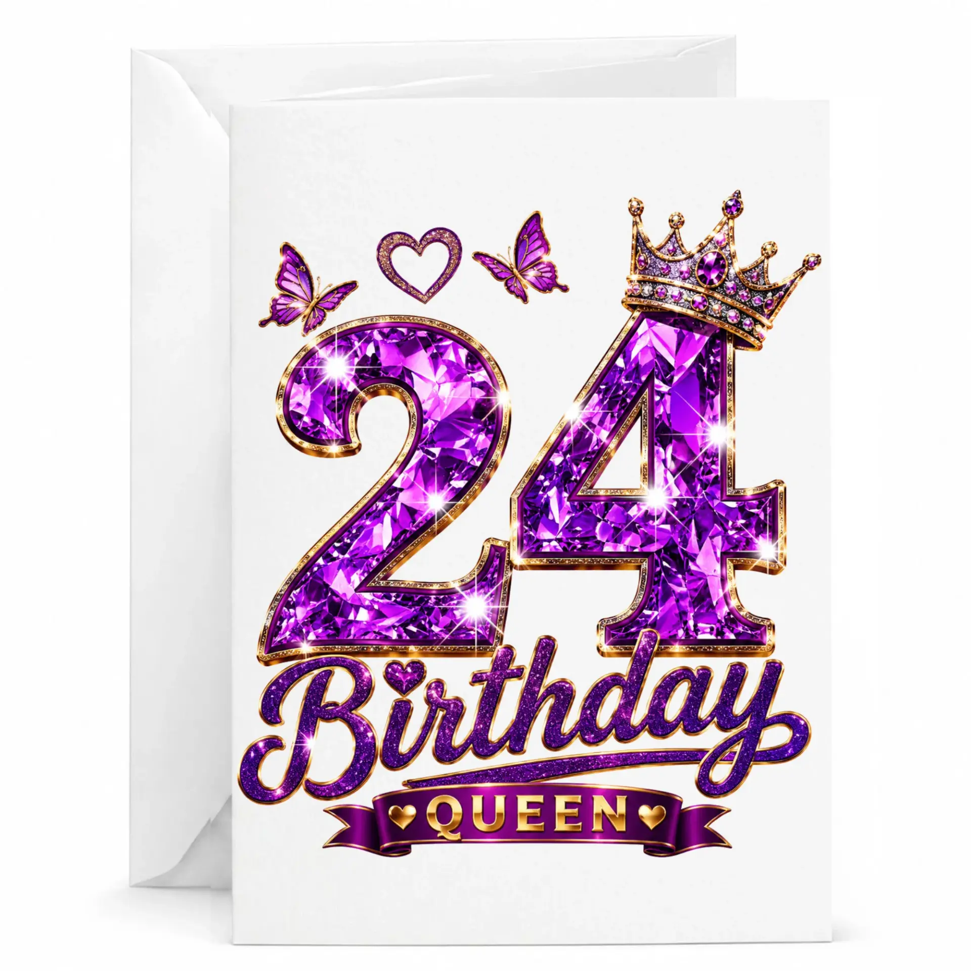 Birthday Card 24th Birthday Queen Purple Diamond Crown Greeting Card with Envelope for Her Milestone Celebration