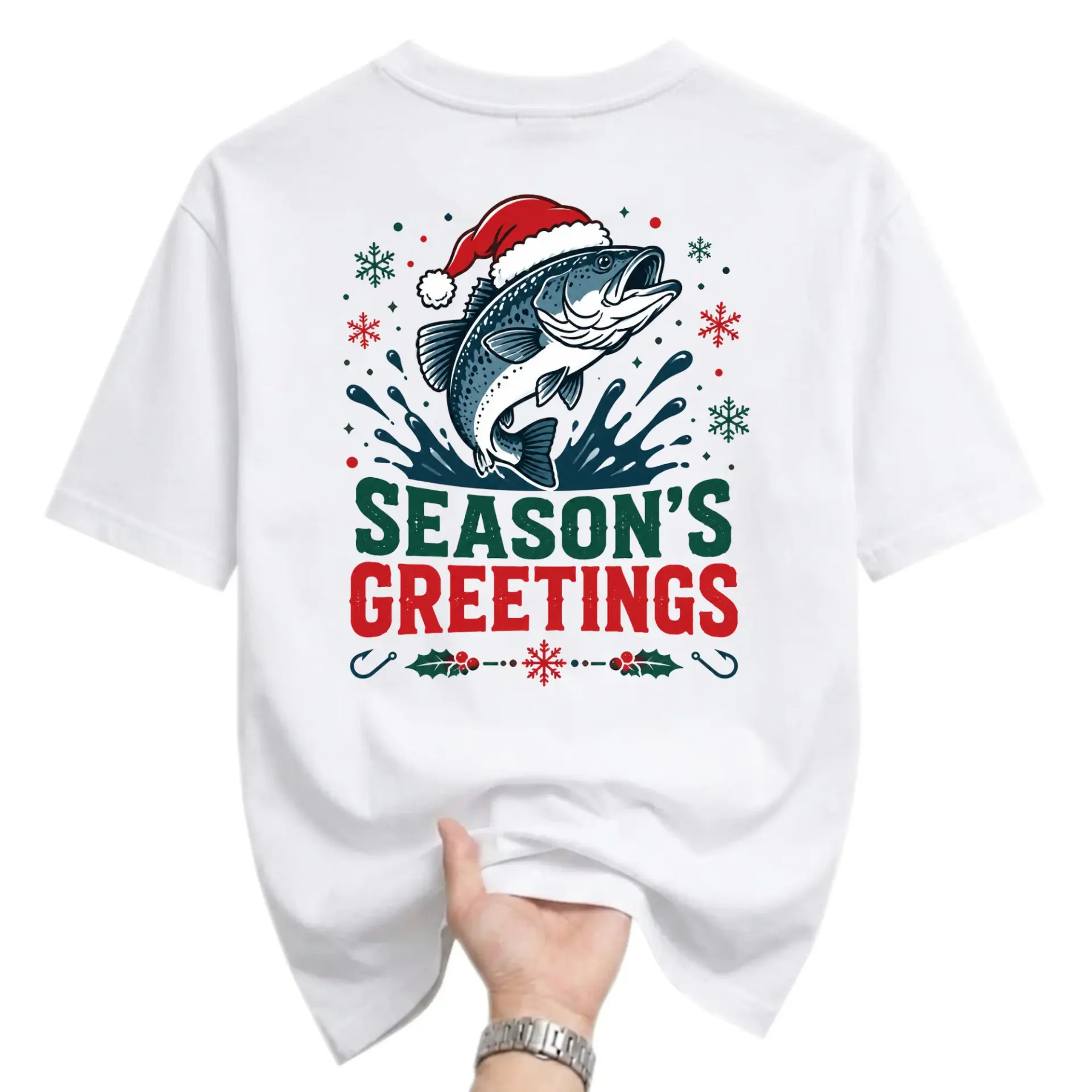Funny Shirt Season's Greetings Fishing Graphic Tee Holiday Theme Unisex Crew Neck Casual Cotton Blend Apparel