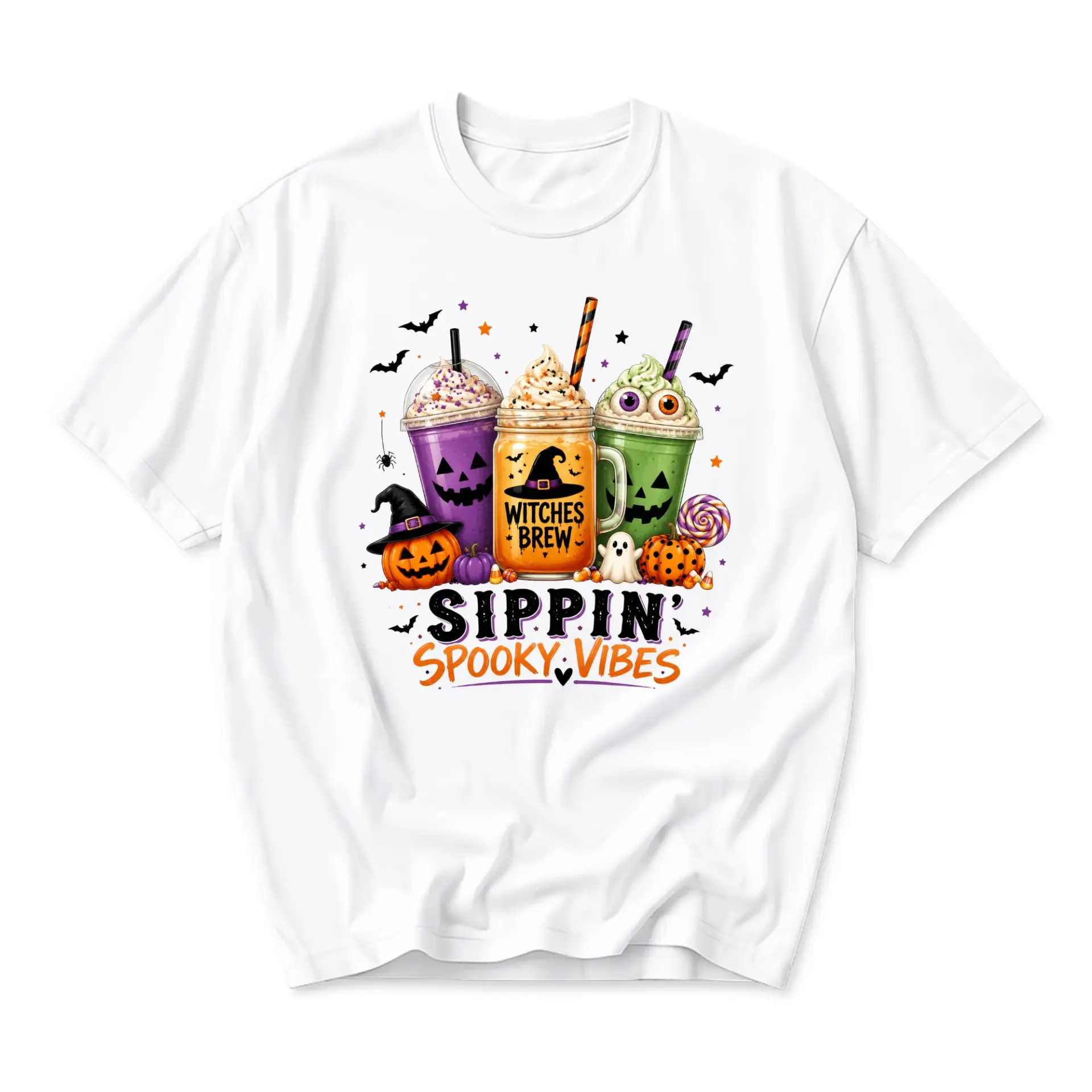 T-shirt Graphic Tee Sippin Spooky Vibes Halloween Witches Brew Coffee Cup Design Casual Unisex Crew Neck Top White