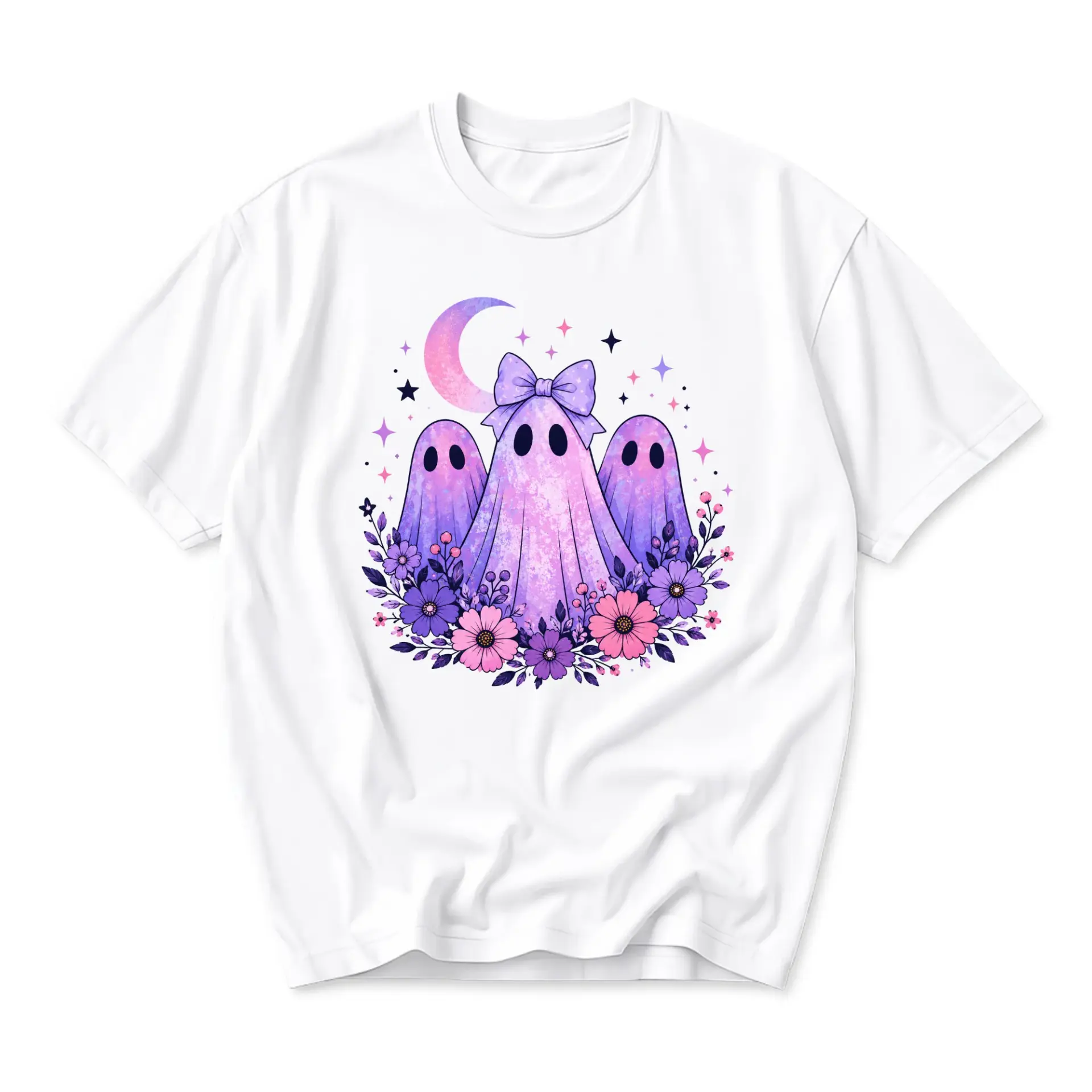 Graphic Tee Cute Spooky Ghosts with Floral Bow Moon Stars Print Unisex Casual Short Sleeve Crew Neck Cotton Shirt