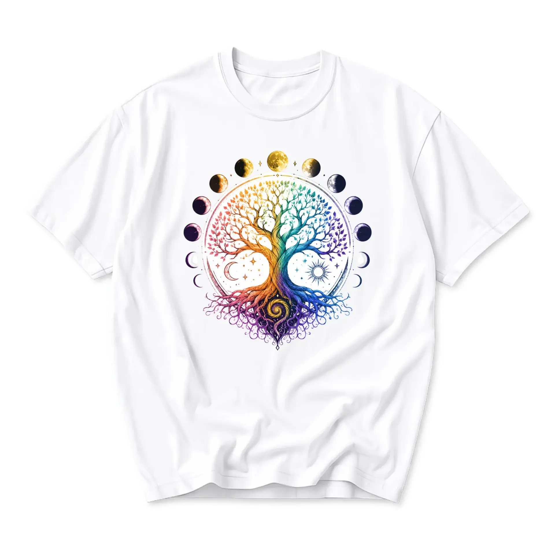 Graphic Tee Unisex Tree of Life Moon Phases Shirt Colorful Artistic Celestial Nature Print Casual Short Sleeve Top