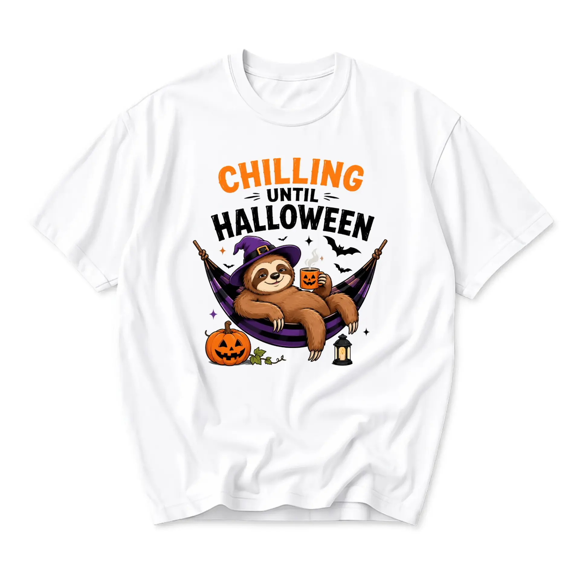 Graphic Tee Chilling Until Halloween Sloth Design Funny Fall Autumn Seasonal Apparel Unisex Crew Neck Casual T-Shirt