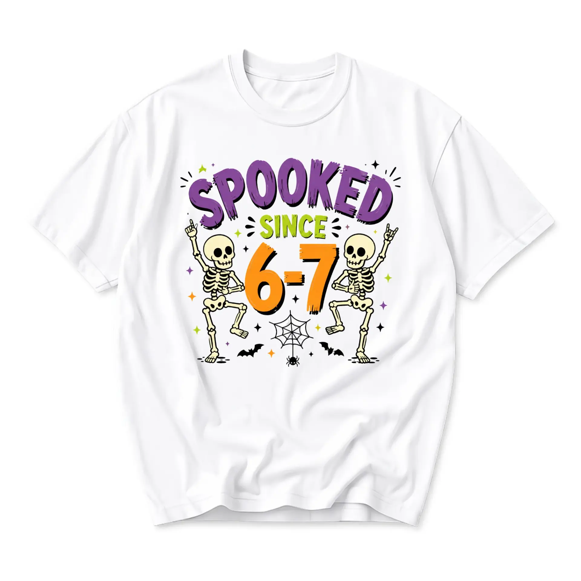 Funny Shirt Spooked Since 6-7 Skeleton Graphic Tee Unisex Crew Neck Casual Everyday Wear Soft Cotton Blend White T-Shirt